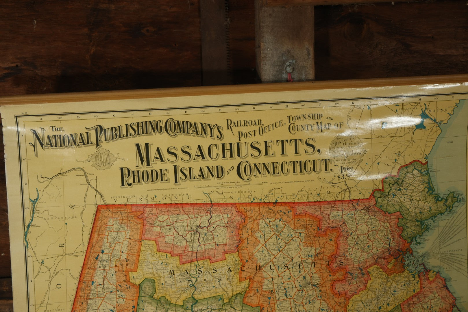 Antique National Publishing Company's Railroad, Post Office, Township And County Map Of Massachusetts, Rhode Island, And Connecticut For 1901, Roll Up Map, Copyright 1900 By The National Publishing Co., Boston, Massachusetts. 38-3/4" x 36" 