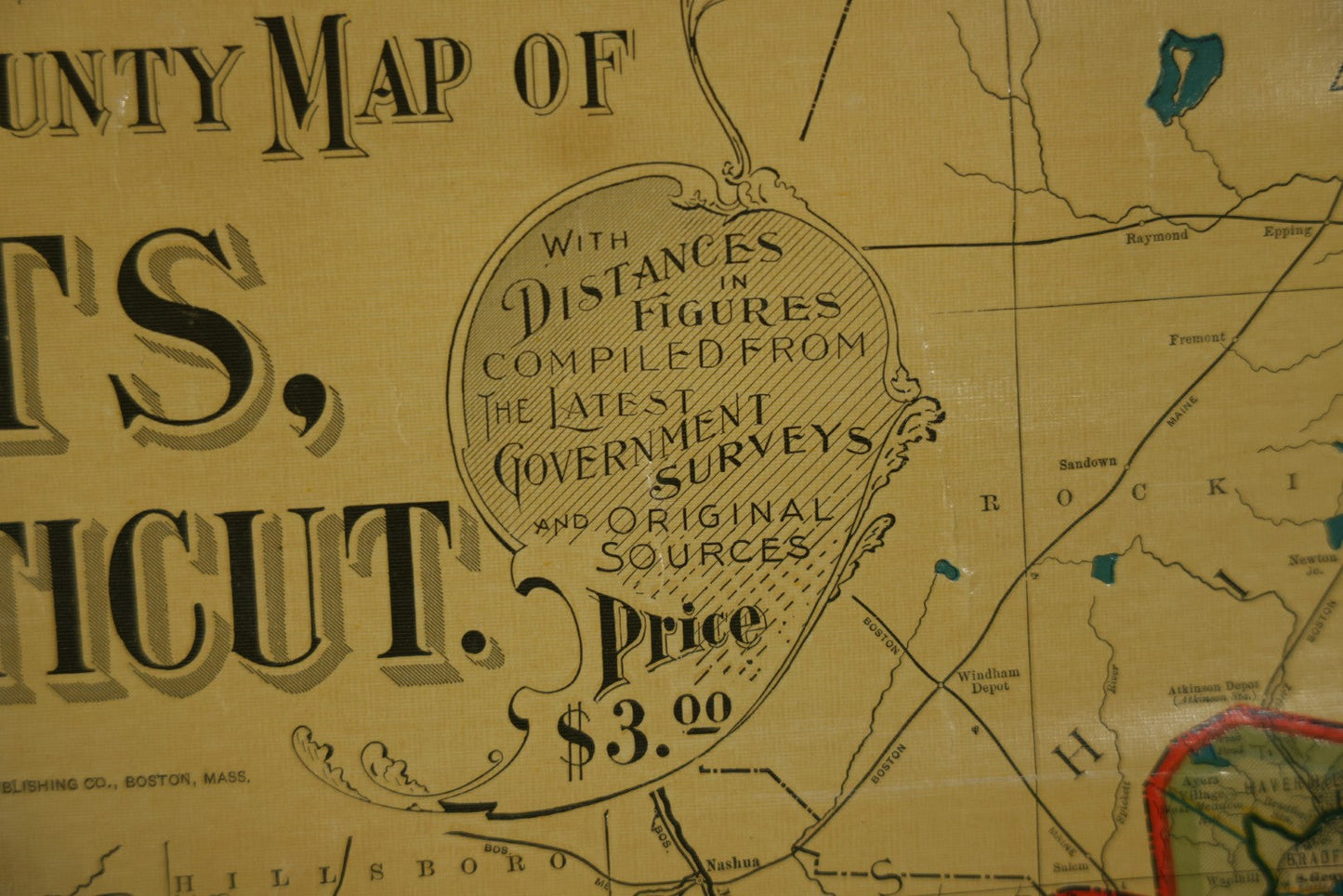 Antique National Publishing Company's Railroad, Post Office, Township And County Map Of Massachusetts, Rhode Island, And Connecticut For 1901, Roll Up Map, Copyright 1900 By The National Publishing Co., Boston, Massachusetts. 38-3/4" x 36" 