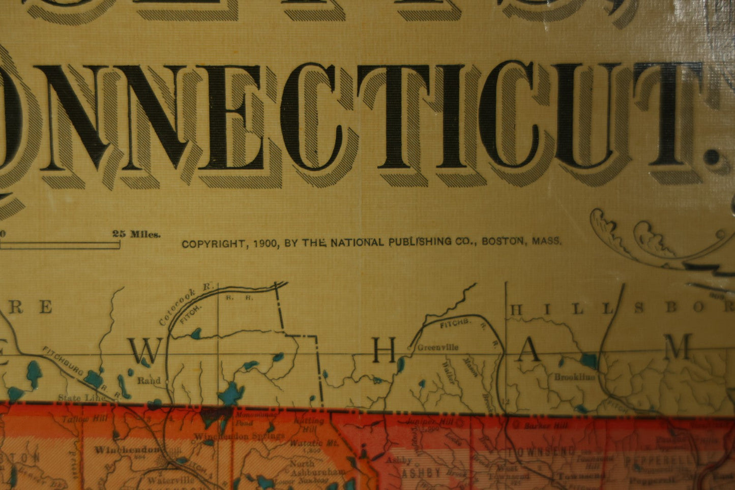 Antique National Publishing Company's Railroad, Post Office, Township And County Map Of Massachusetts, Rhode Island, And Connecticut For 1901, Roll Up Map, Copyright 1900 By The National Publishing Co., Boston, Massachusetts. 38-3/4" x 36" 