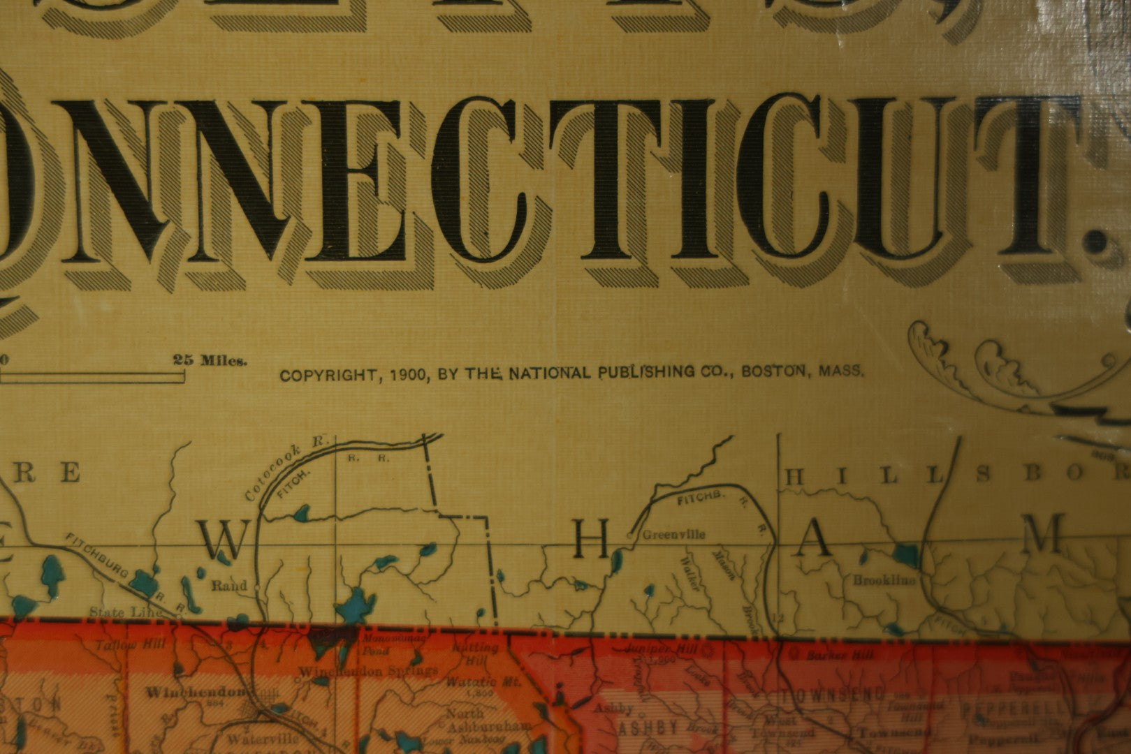 Antique National Publishing Company's Railroad, Post Office, Township And County Map Of Massachusetts, Rhode Island, And Connecticut For 1901, Roll Up Map, Copyright 1900 By The National Publishing Co., Boston, Massachusetts. 38-3/4" x 36" 