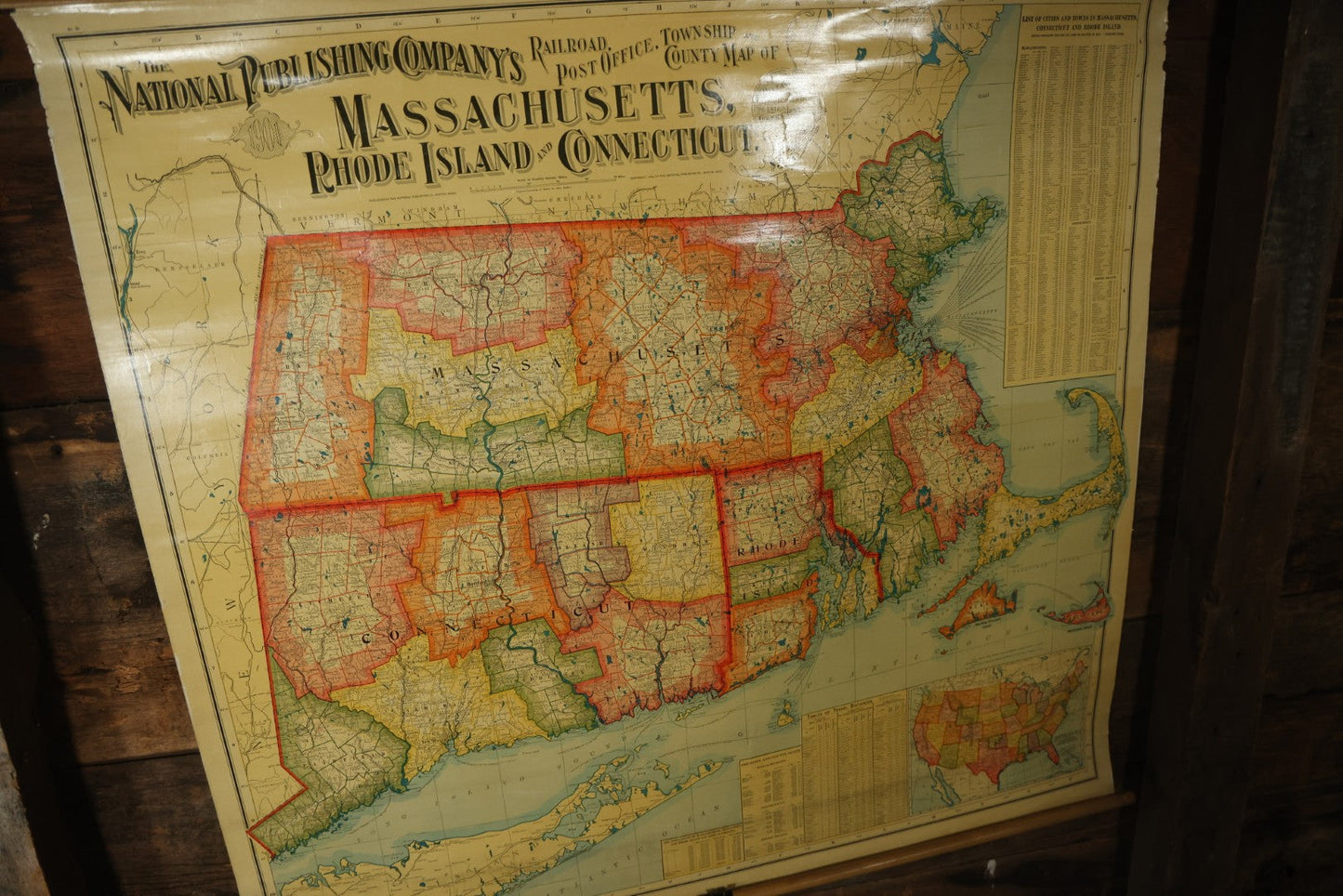 Antique National Publishing Company's Railroad, Post Office, Township And County Map Of Massachusetts, Rhode Island, And Connecticut For 1901, Roll Up Map, Copyright 1900 By The National Publishing Co., Boston, Massachusetts. 38-3/4" x 36" 