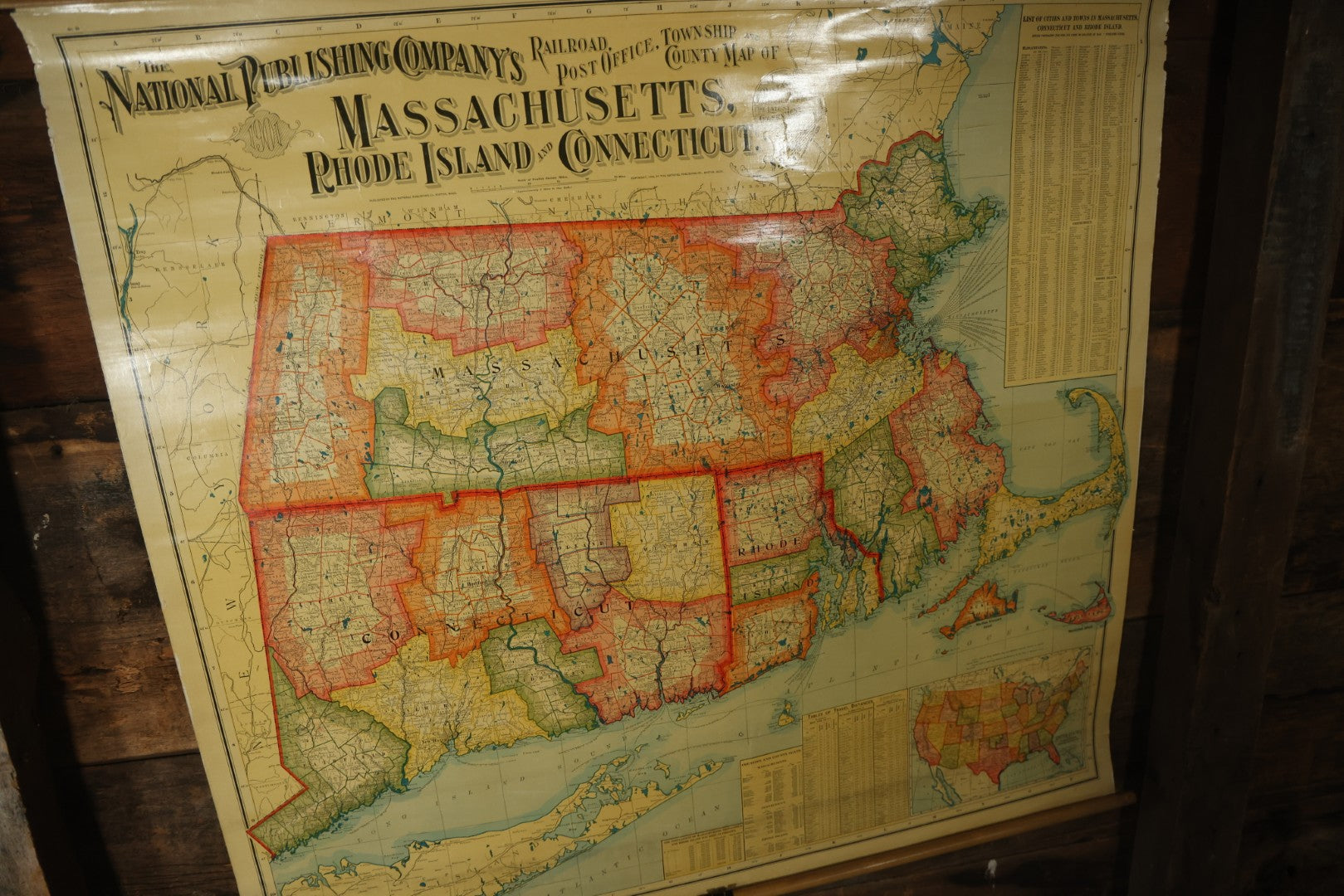 Antique National Publishing Company's Railroad, Post Office, Township And County Map Of Massachusetts, Rhode Island, And Connecticut For 1901, Roll Up Map, Copyright 1900 By The National Publishing Co., Boston, Massachusetts. 38-3/4" x 36" 
