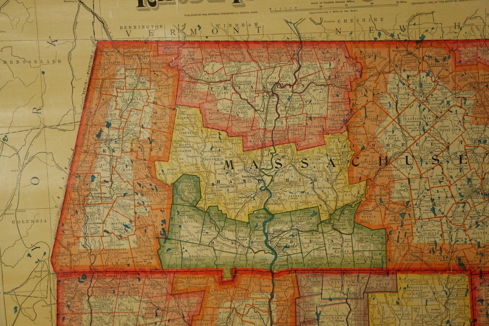 Antique National Publishing Company's Railroad, Post Office, Township And County Map Of Massachusetts, Rhode Island, And Connecticut For 1901, Roll Up Map, Copyright 1900 By The National Publishing Co., Boston, Massachusetts. 38-3/4" x 36" 