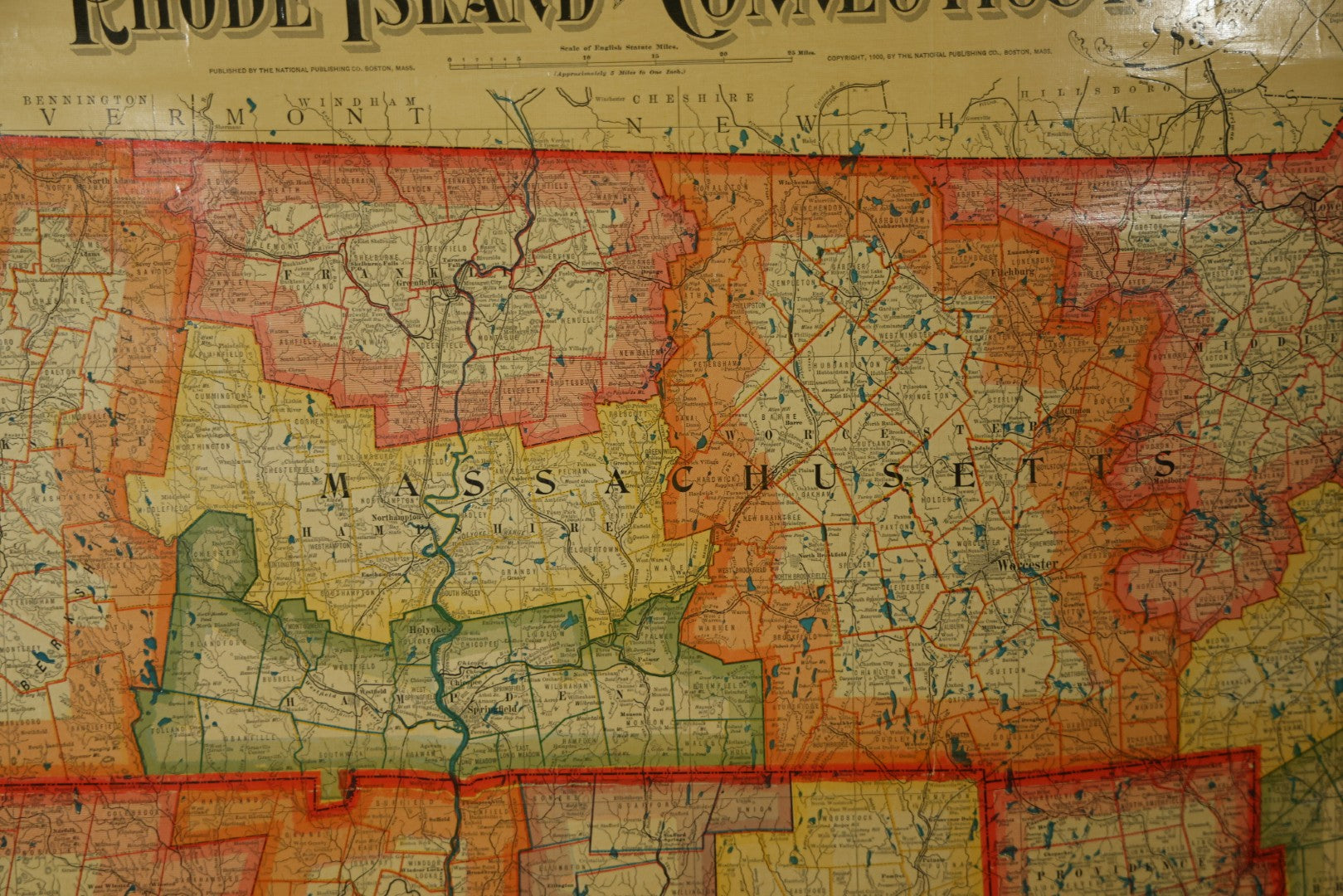 Antique National Publishing Company's Railroad, Post Office, Township And County Map Of Massachusetts, Rhode Island, And Connecticut For 1901, Roll Up Map, Copyright 1900 By The National Publishing Co., Boston, Massachusetts. 38-3/4" x 36" 