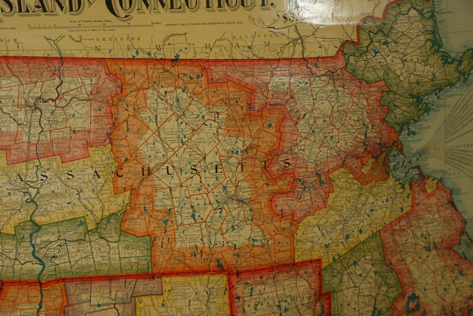 Antique National Publishing Company's Railroad, Post Office, Township And County Map Of Massachusetts, Rhode Island, And Connecticut For 1901, Roll Up Map, Copyright 1900 By The National Publishing Co., Boston, Massachusetts. 38-3/4" x 36" 
