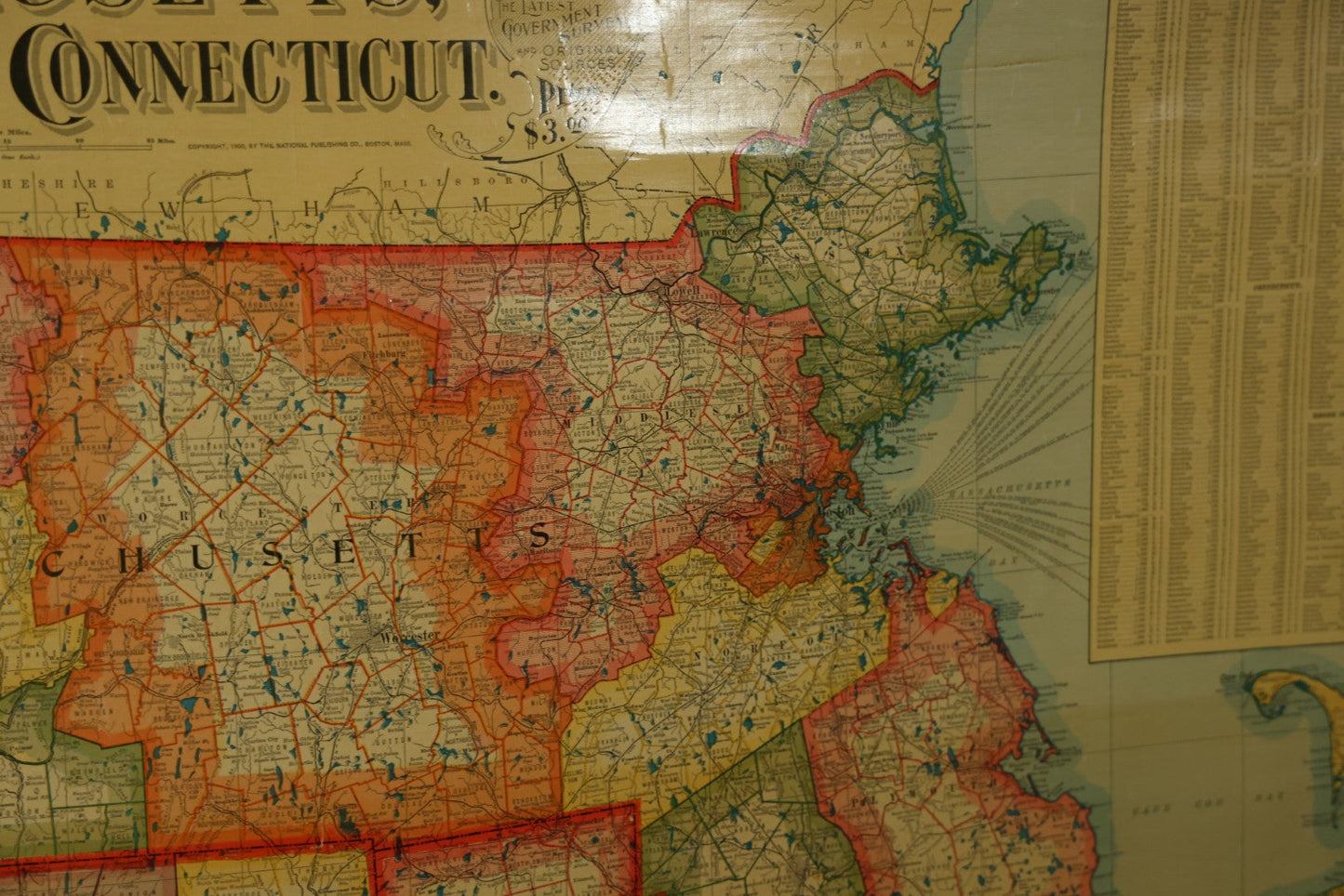 Antique National Publishing Company's Railroad, Post Office, Township And County Map Of Massachusetts, Rhode Island, And Connecticut For 1901, Roll Up Map, Copyright 1900 By The National Publishing Co., Boston, Massachusetts. 38-3/4" x 36" 