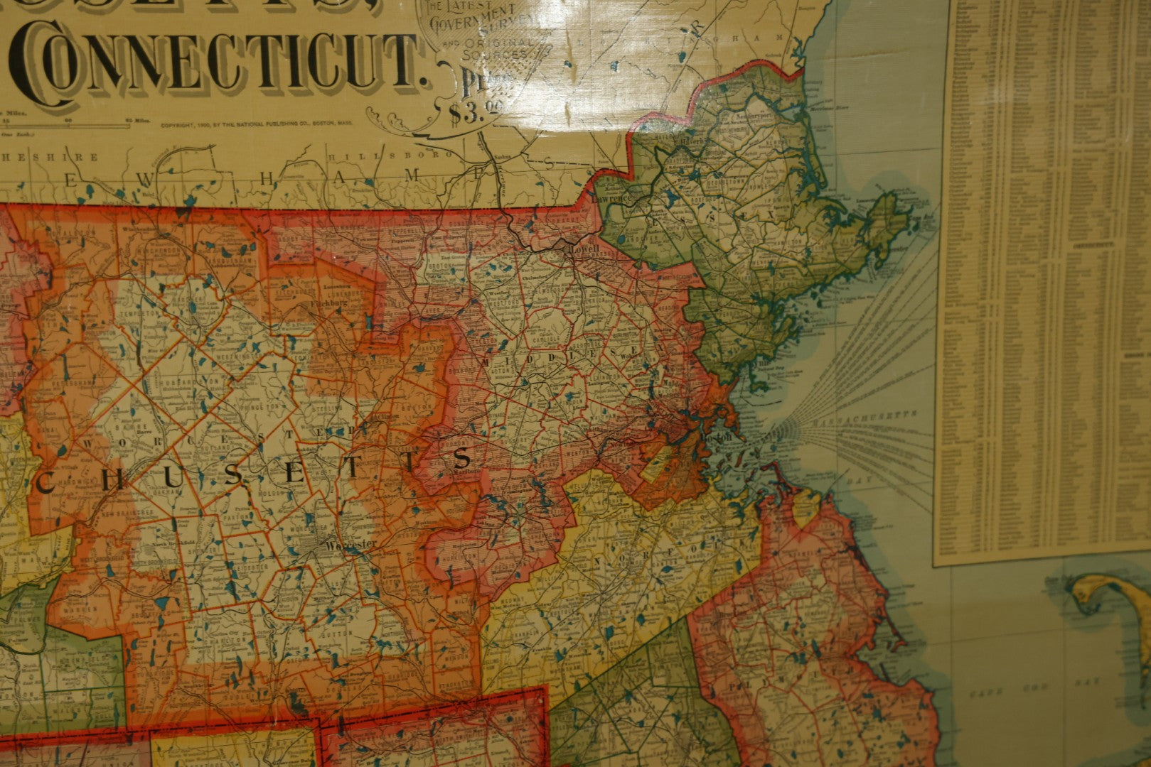 Antique National Publishing Company's Railroad, Post Office, Township And County Map Of Massachusetts, Rhode Island, And Connecticut For 1901, Roll Up Map, Copyright 1900 By The National Publishing Co., Boston, Massachusetts. 38-3/4" x 36" 