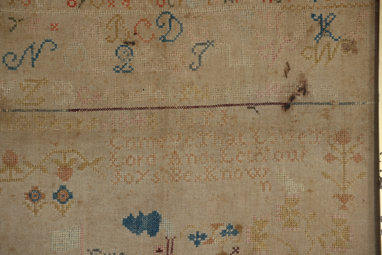 Antique Needlepoint Sampler, Steamship Erie Fire Commemoration And Memorial, Circa 1840s. 21-3/4" x 18-3/4"
