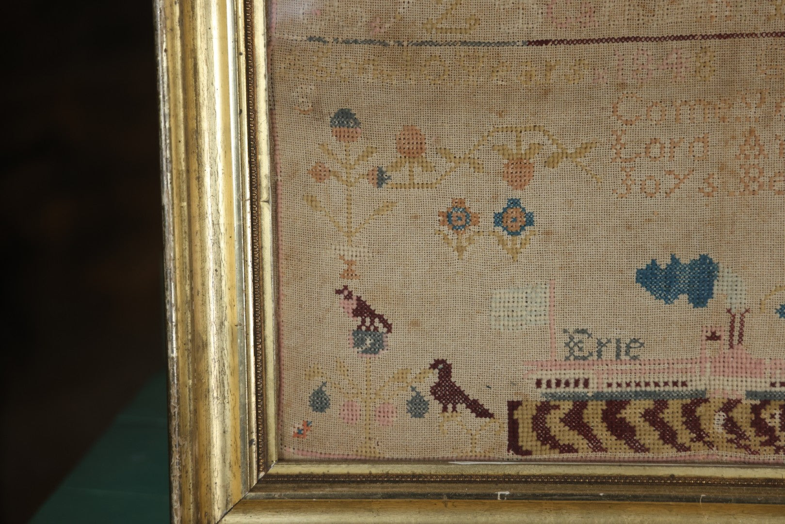 Antique Needlepoint Sampler, Steamship Erie Fire Commemoration And Memorial, Circa 1840s. 21-3/4" x 18-3/4"