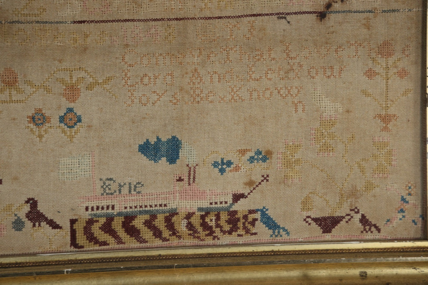Antique Needlepoint Sampler, Steamship Erie Fire Commemoration And Memorial, Circa 1840s. 21-3/4" x 18-3/4"