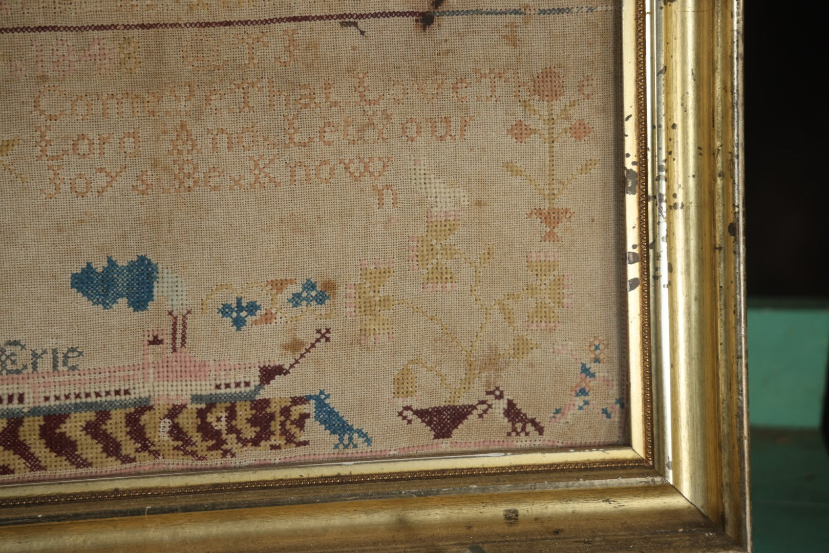 Antique Needlepoint Sampler, Steamship Erie Fire Commemoration And Memorial, Circa 1840s. 21-3/4" x 18-3/4"