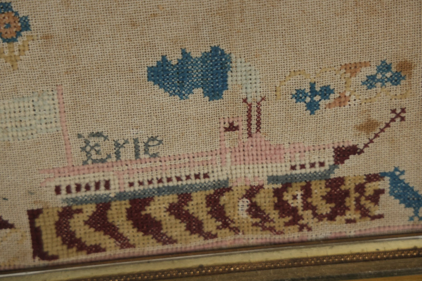 Antique Needlepoint Sampler, Steamship Erie Fire Commemoration And Memorial, Circa 1840s. 21-3/4" x 18-3/4"