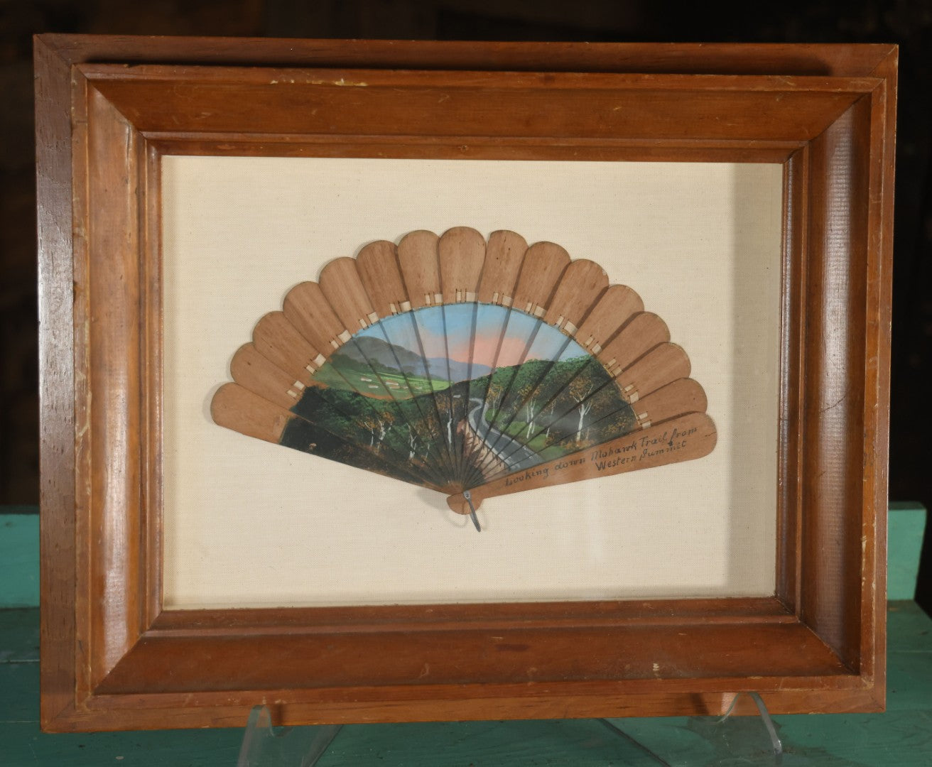 Antique Hand Painted Fan With A View Of The Mohawk Trail, Massachusetts, Looking Down From The Western Summit, In Vintage Shadow Box. 21" x 16-5/8"