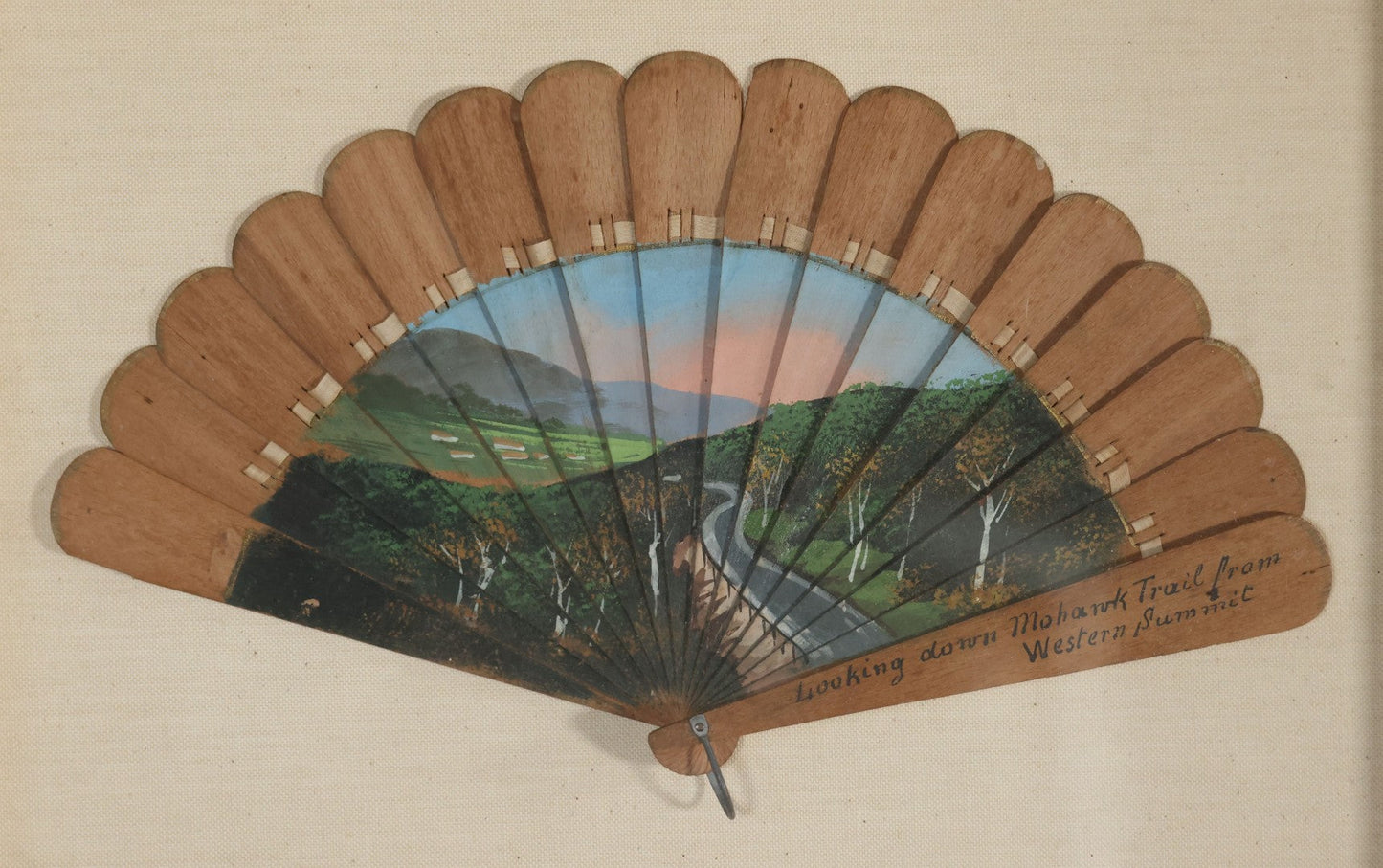 Antique Hand Painted Fan With A View Of The Mohawk Trail, Massachusetts, Looking Down From The Western Summit, In Vintage Shadow Box. 21" x 16-5/8"
