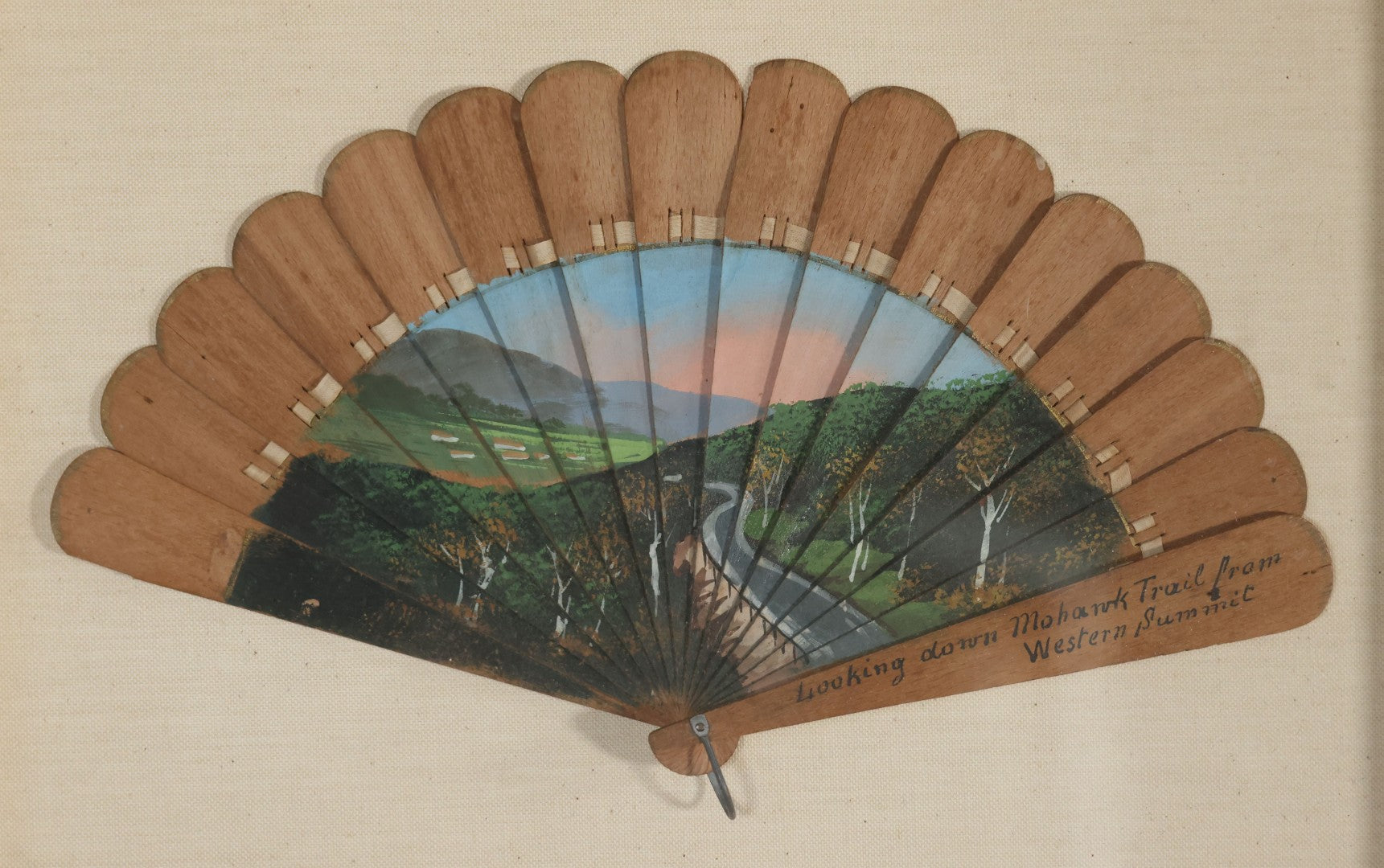 Antique Hand Painted Fan With A View Of The Mohawk Trail, Massachusetts, Looking Down From The Western Summit, In Vintage Shadow Box. 21" x 16-5/8"