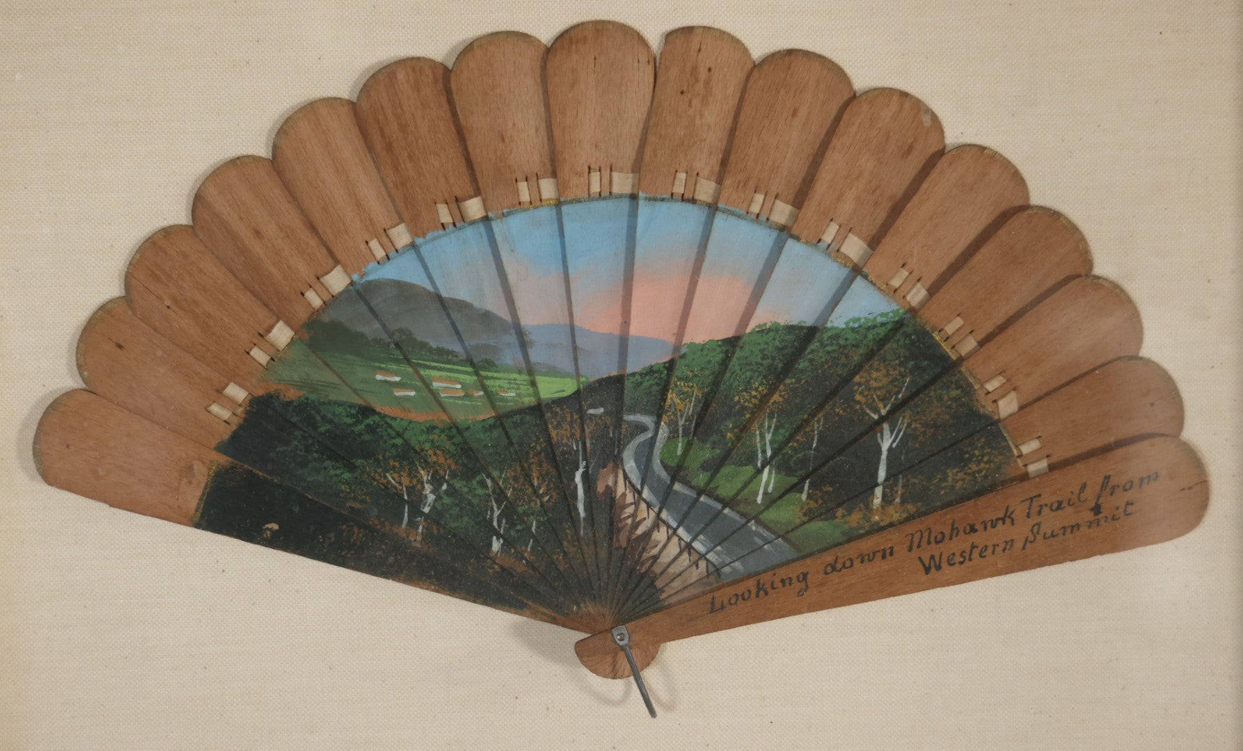 Antique Hand Painted Fan With A View Of The Mohawk Trail, Massachusetts, Looking Down From The Western Summit, In Vintage Shadow Box. 21" x 16-5/8"