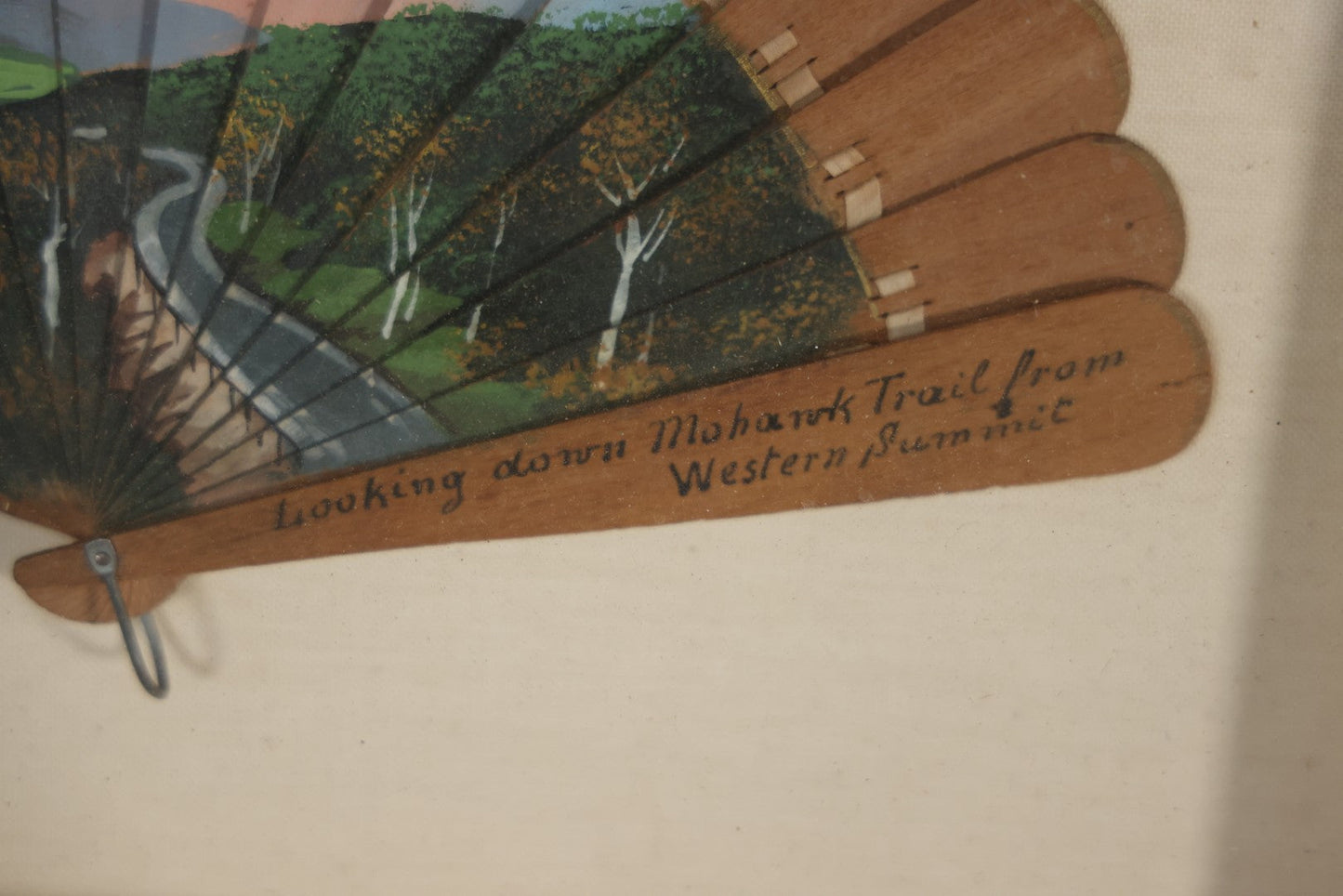 Antique Hand Painted Fan With A View Of The Mohawk Trail, Massachusetts, Looking Down From The Western Summit, In Vintage Shadow Box. 21" x 16-5/8"