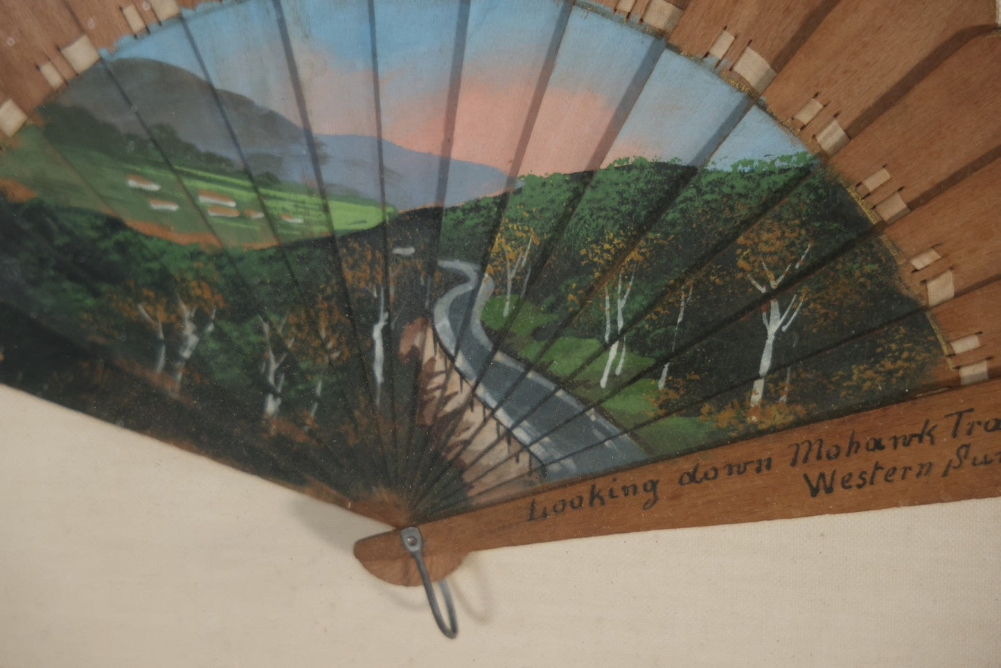 Antique Hand Painted Fan With A View Of The Mohawk Trail, Massachusetts, Looking Down From The Western Summit, In Vintage Shadow Box. 21" x 16-5/8"