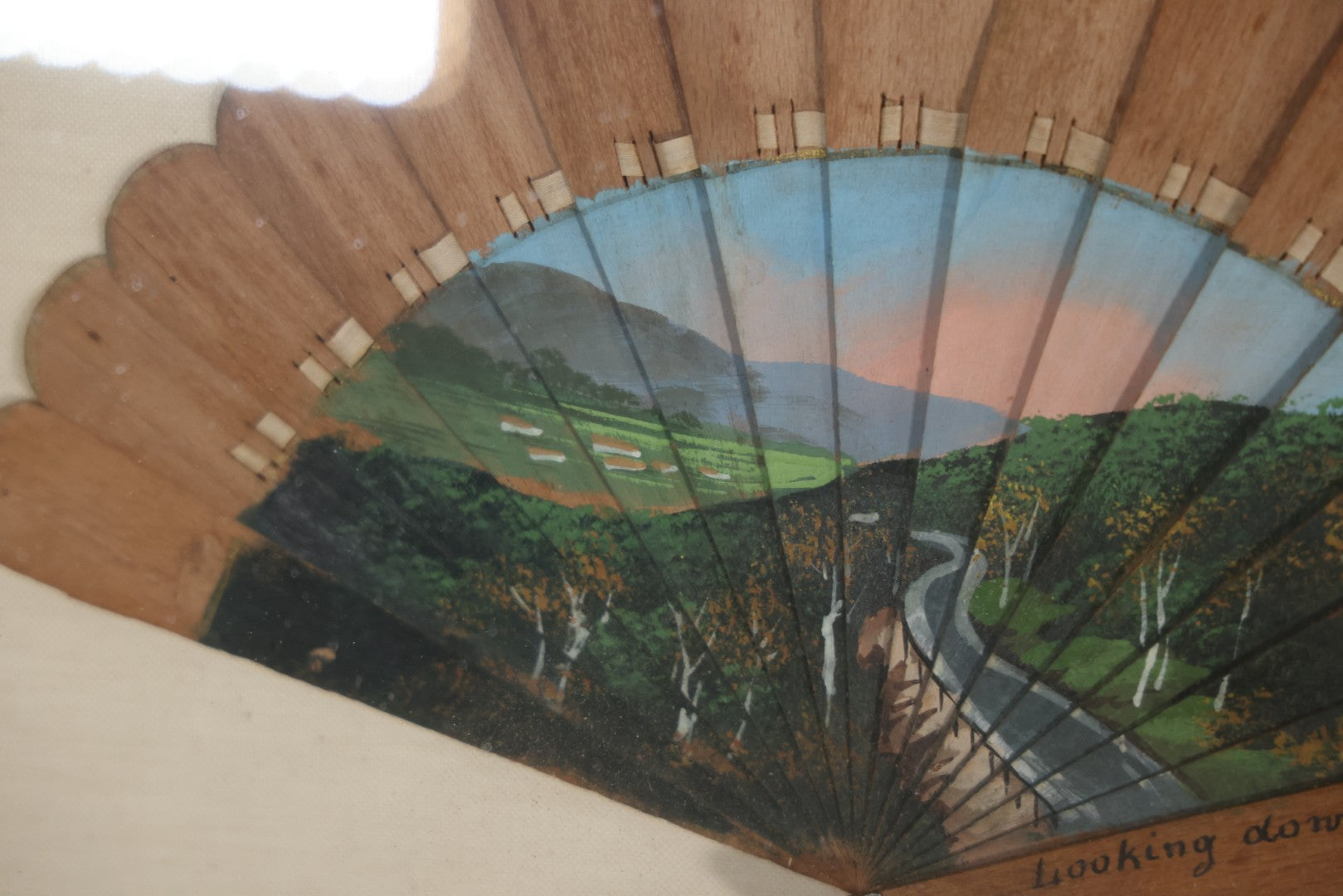 Antique Hand Painted Fan With A View Of The Mohawk Trail, Massachusetts, Looking Down From The Western Summit, In Vintage Shadow Box. 21" x 16-5/8"
