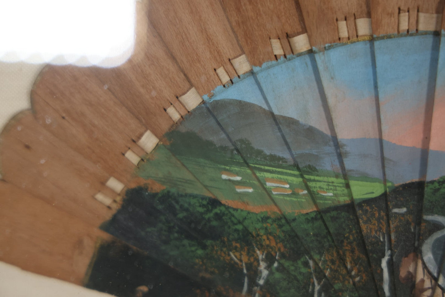 Antique Hand Painted Fan With A View Of The Mohawk Trail, Massachusetts, Looking Down From The Western Summit, In Vintage Shadow Box. 21" x 16-5/8"