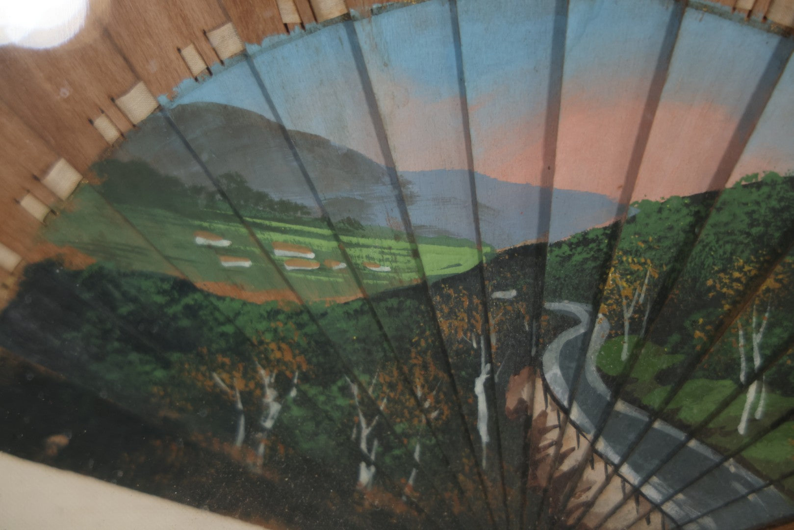 Antique Hand Painted Fan With A View Of The Mohawk Trail, Massachusetts, Looking Down From The Western Summit, In Vintage Shadow Box. 21" x 16-5/8"