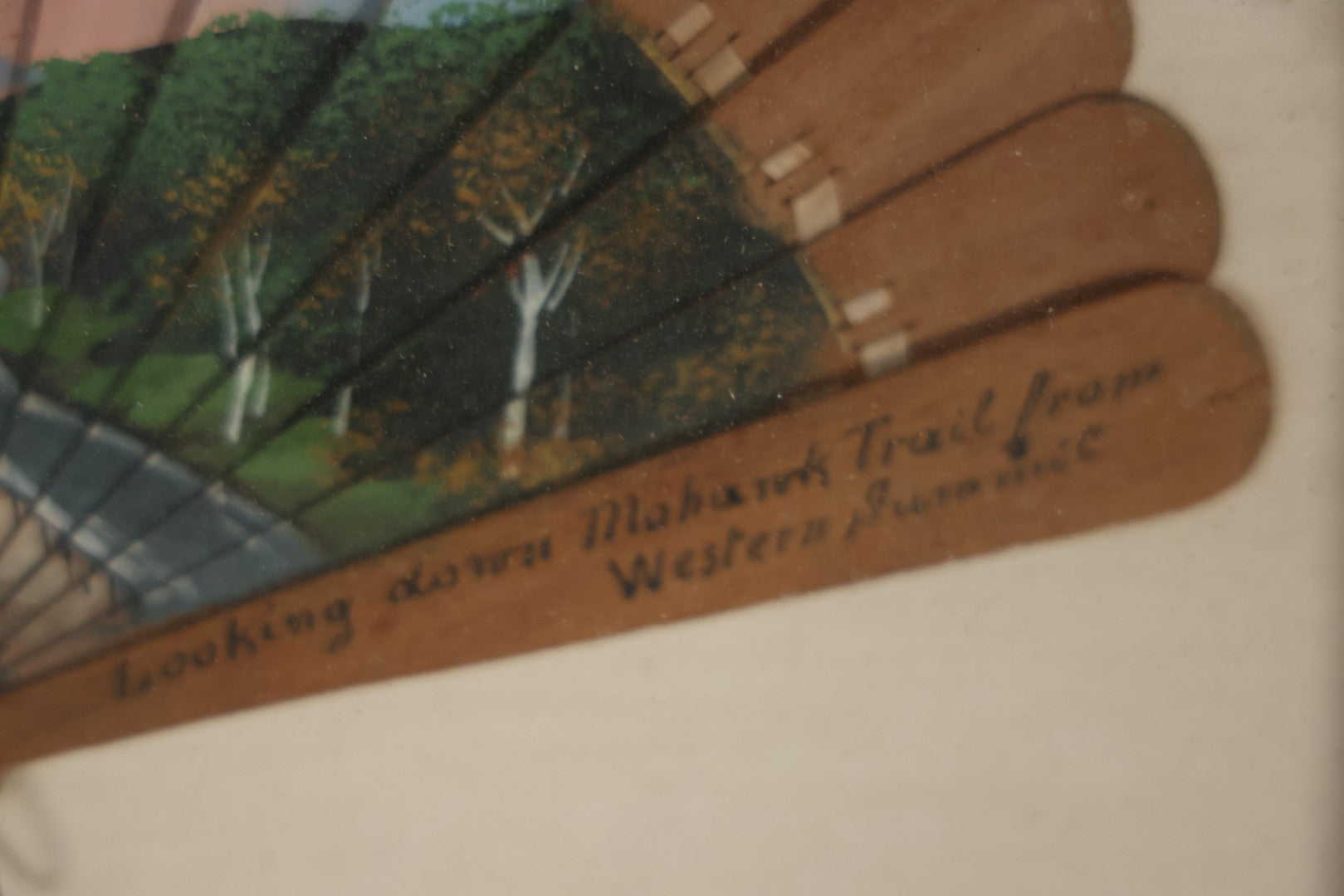 Antique Hand Painted Fan With A View Of The Mohawk Trail, Massachusetts, Looking Down From The Western Summit, In Vintage Shadow Box. 21" x 16-5/8"