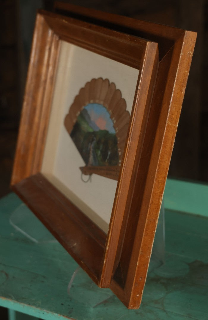 Antique Hand Painted Fan With A View Of The Mohawk Trail, Massachusetts, Looking Down From The Western Summit, In Vintage Shadow Box. 21" x 16-5/8"
