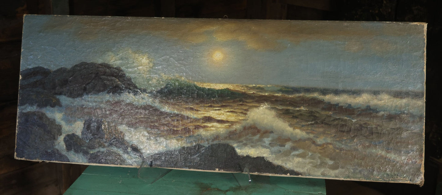 Antique Oil On Canvas Maritime Nautical Painting Of A Night Time Seascape, With Waves Crashing On Rocky Shore, Artist Signed, Richard Dey De Ribcowsky (Bulgarian-American, 1880-1936). 48" x 18"