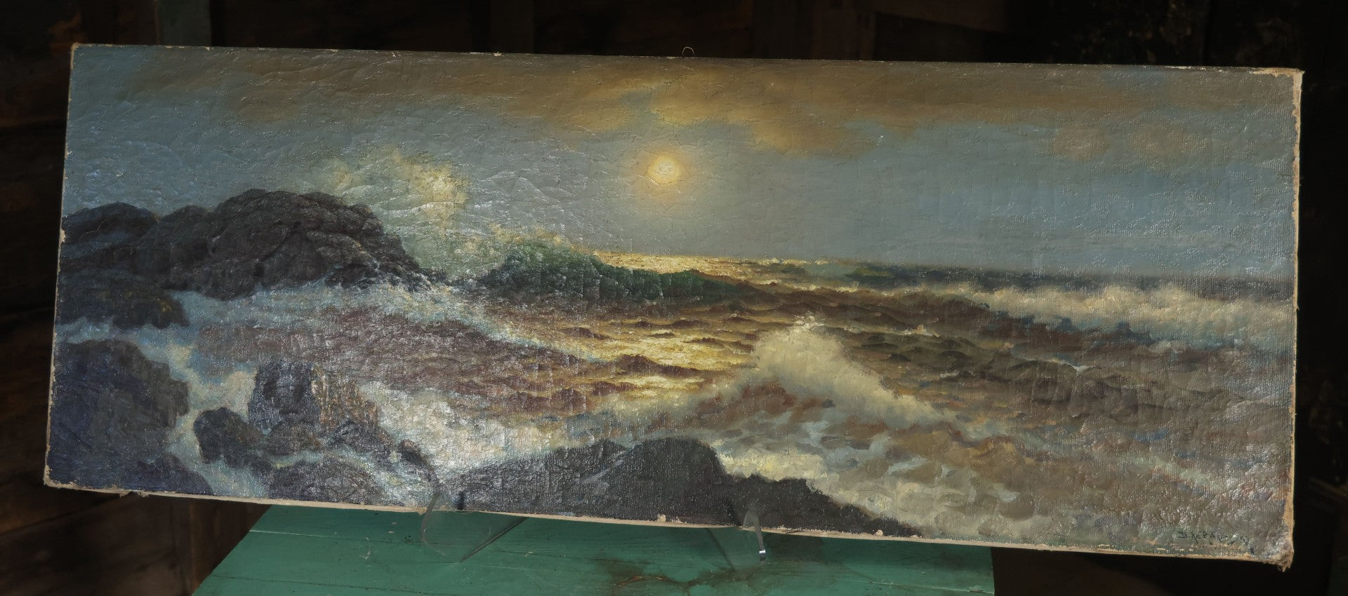Antique Oil On Canvas Maritime Nautical Painting Of A Night Time Seascape, With Waves Crashing On Rocky Shore, Artist Signed, Richard Dey De Ribcowsky (Bulgarian-American, 1880-1936). 48" x 18"