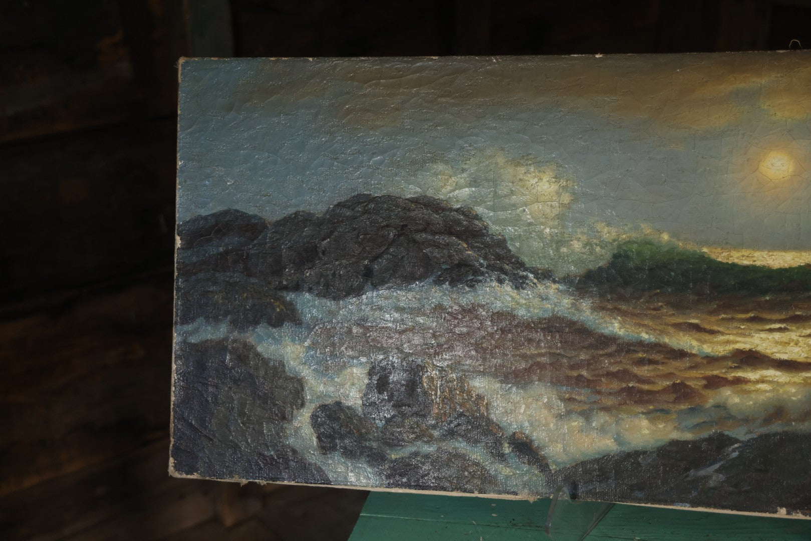 Antique Oil On Canvas Maritime Nautical Painting Of A Night Time Seascape, With Waves Crashing On Rocky Shore, Artist Signed, Richard Dey De Ribcowsky (Bulgarian-American, 1880-1936). 48" x 18"
