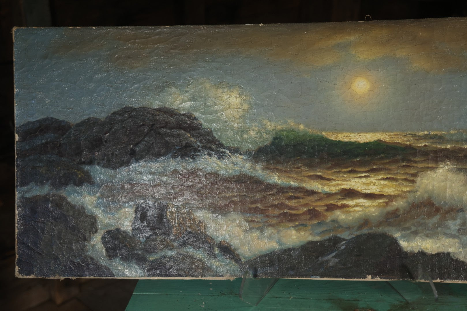 Antique Oil On Canvas Maritime Nautical Painting Of A Night Time Seascape, With Waves Crashing On Rocky Shore, Artist Signed, Richard Dey De Ribcowsky (Bulgarian-American, 1880-1936). 48" x 18"