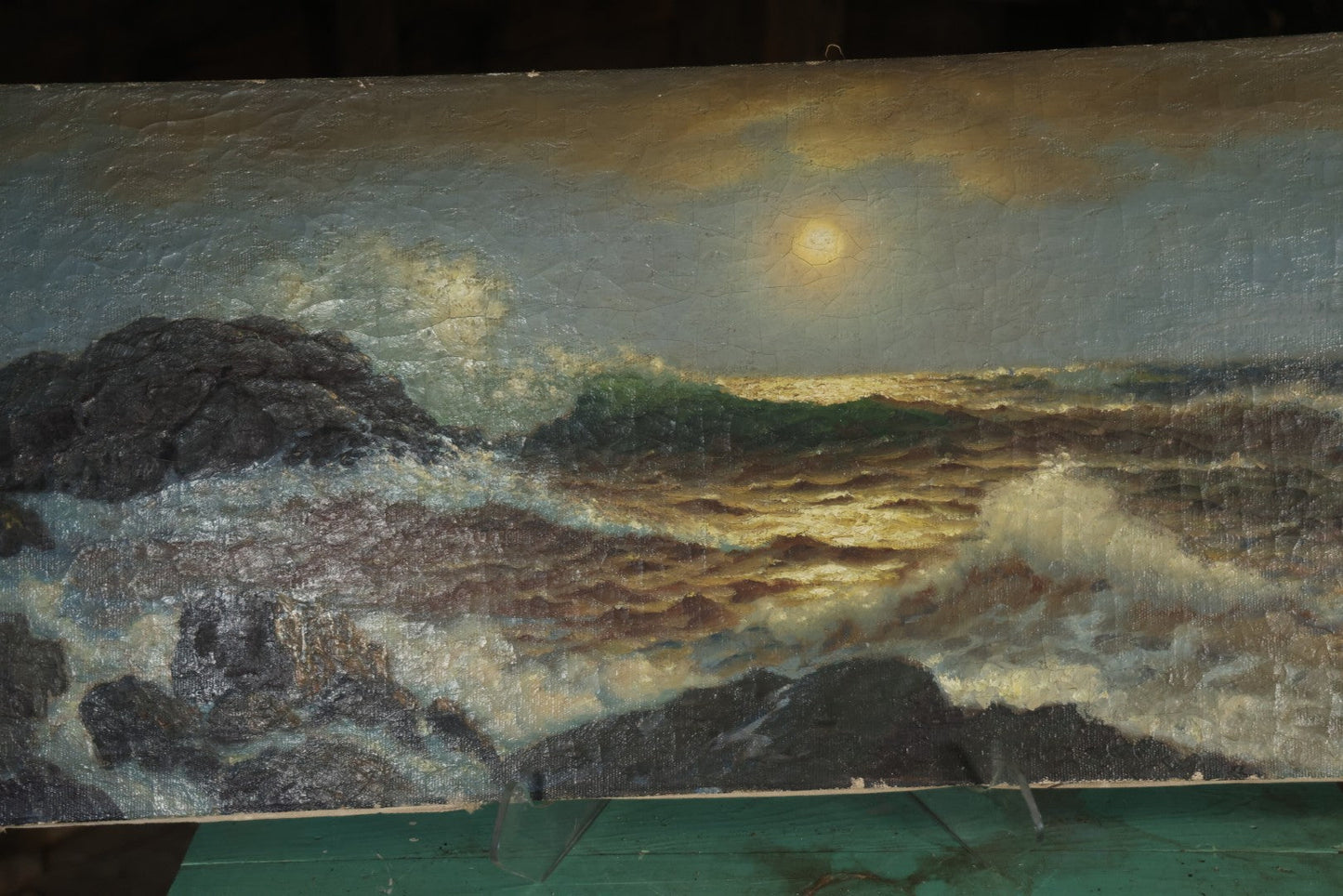 Antique Oil On Canvas Maritime Nautical Painting Of A Night Time Seascape, With Waves Crashing On Rocky Shore, Artist Signed, Richard Dey De Ribcowsky (Bulgarian-American, 1880-1936). 48" x 18"
