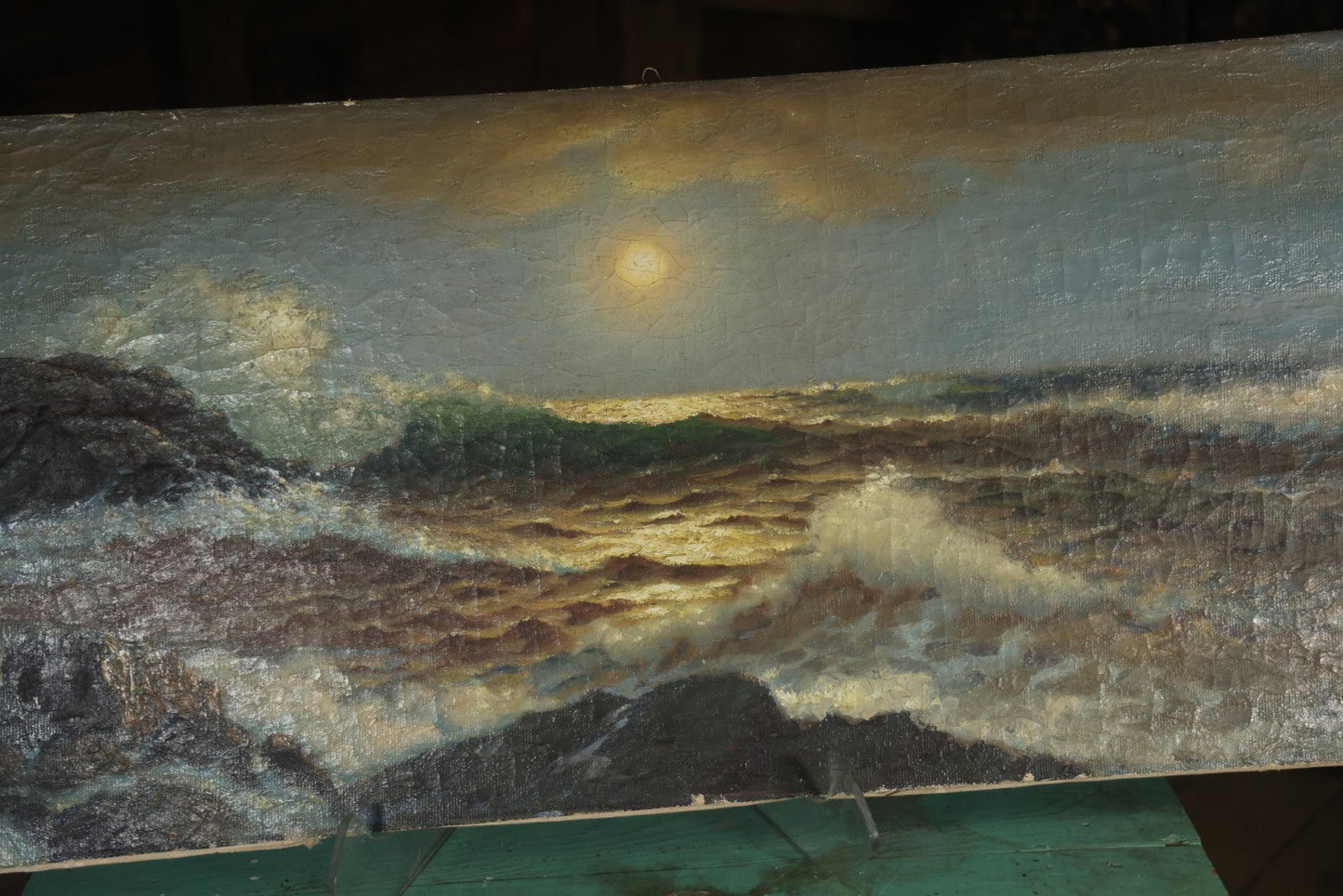 Antique Oil On Canvas Maritime Nautical Painting Of A Night Time Seascape, With Waves Crashing On Rocky Shore, Artist Signed, Richard Dey De Ribcowsky (Bulgarian-American, 1880-1936). 48" x 18"