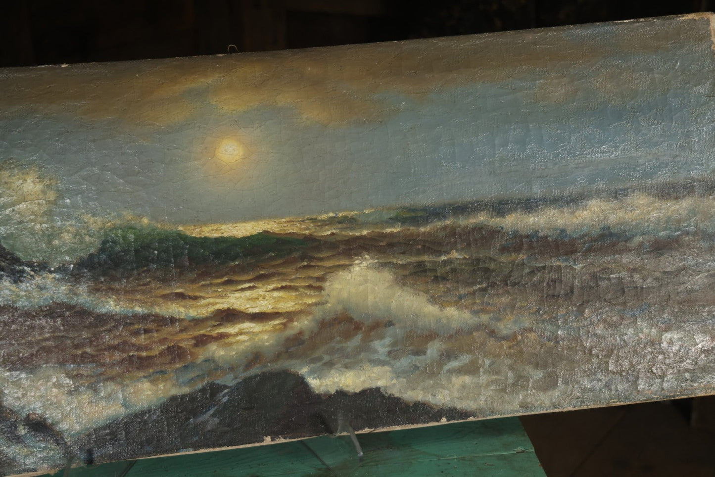 Antique Oil On Canvas Maritime Nautical Painting Of A Night Time Seascape, With Waves Crashing On Rocky Shore, Artist Signed, Richard Dey De Ribcowsky (Bulgarian-American, 1880-1936). 48" x 18"