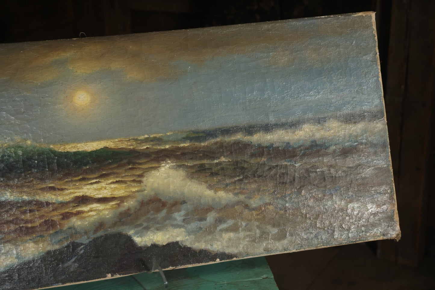 Antique Oil On Canvas Maritime Nautical Painting Of A Night Time Seascape, With Waves Crashing On Rocky Shore, Artist Signed, Richard Dey De Ribcowsky (Bulgarian-American, 1880-1936). 48" x 18"