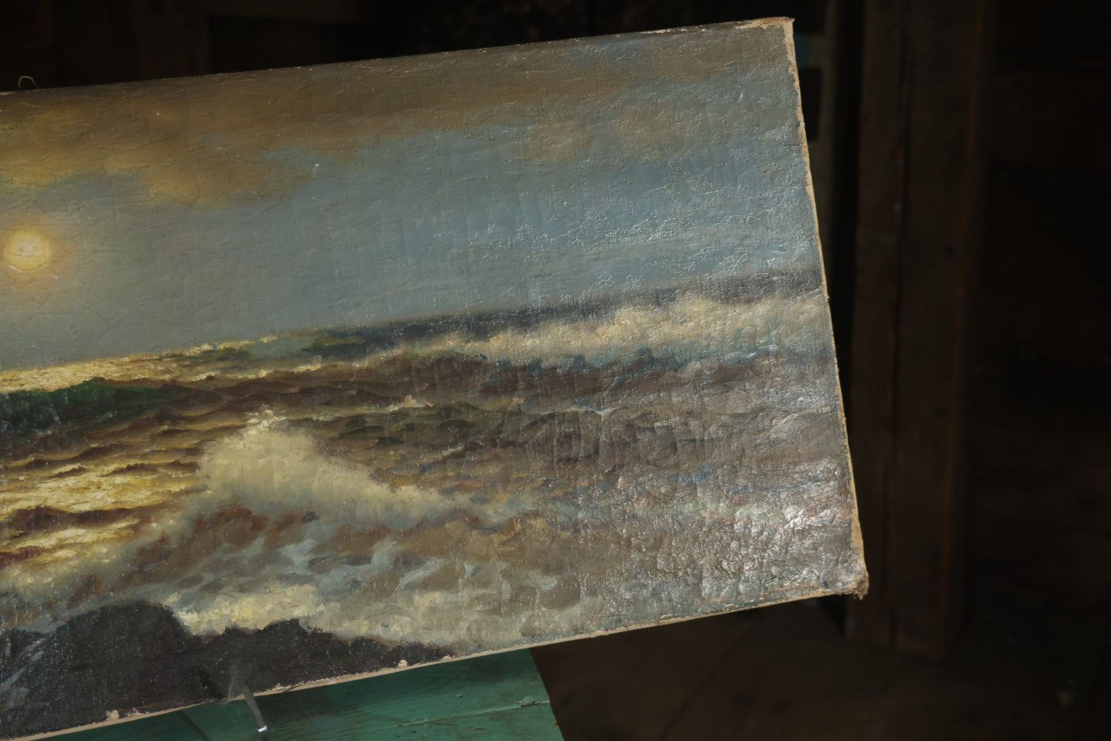 Antique Oil On Canvas Maritime Nautical Painting Of A Night Time Seascape, With Waves Crashing On Rocky Shore, Artist Signed, Richard Dey De Ribcowsky (Bulgarian-American, 1880-1936). 48" x 18"