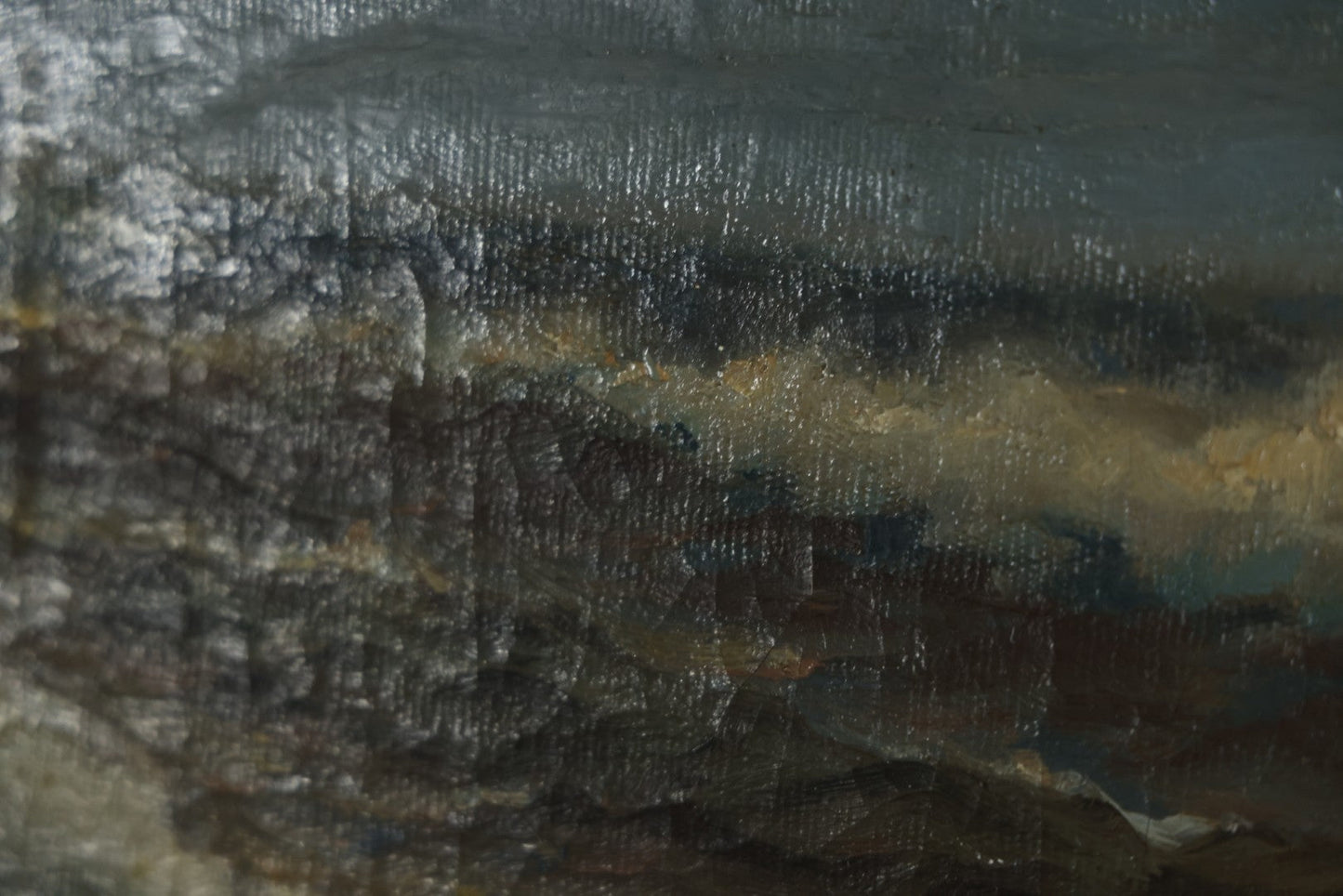 Antique Oil On Canvas Maritime Nautical Painting Of A Night Time Seascape, With Waves Crashing On Rocky Shore, Artist Signed, Richard Dey De Ribcowsky (Bulgarian-American, 1880-1936). 48" x 18"