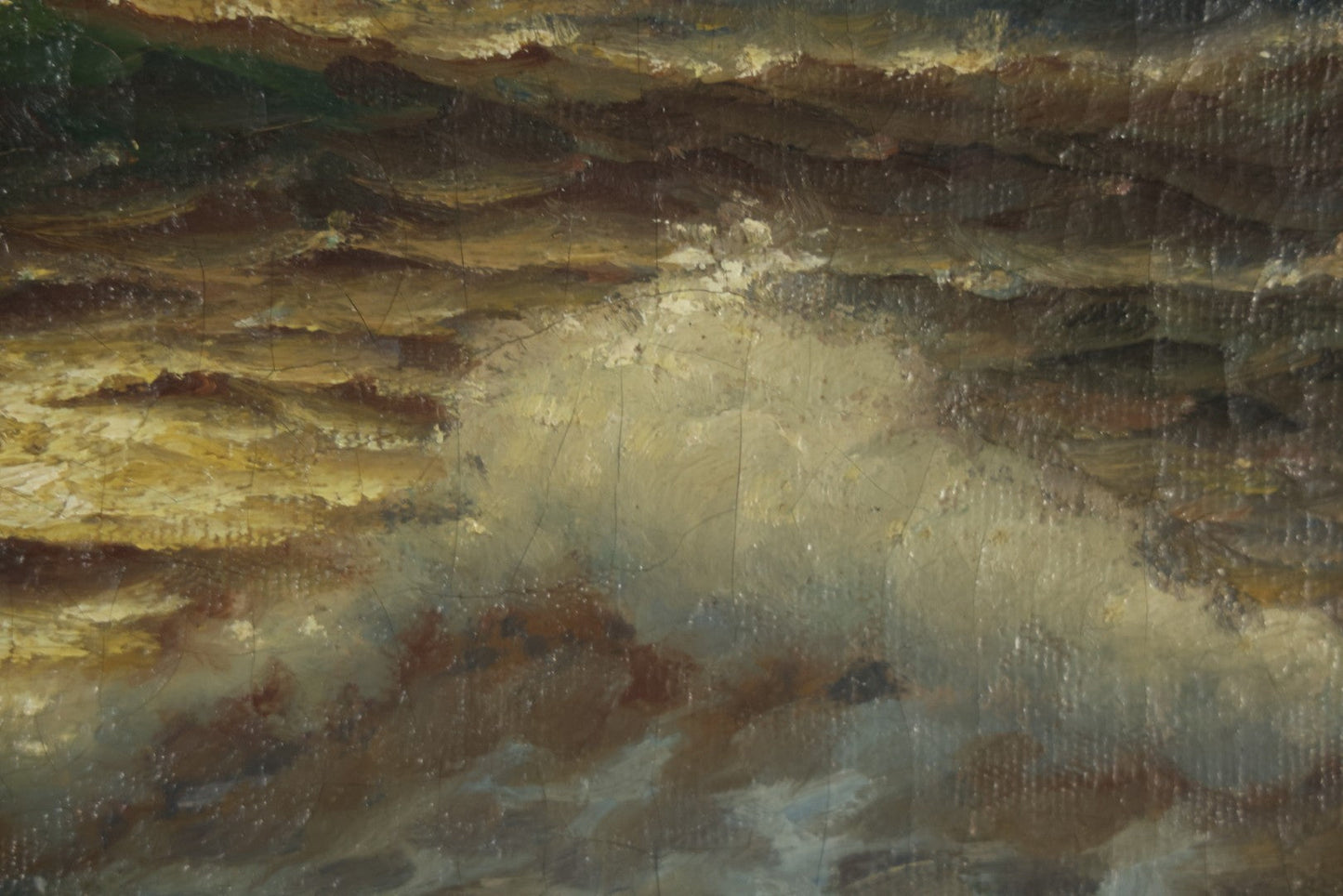 Antique Oil On Canvas Maritime Nautical Painting Of A Night Time Seascape, With Waves Crashing On Rocky Shore, Artist Signed, Richard Dey De Ribcowsky (Bulgarian-American, 1880-1936). 48" x 18"