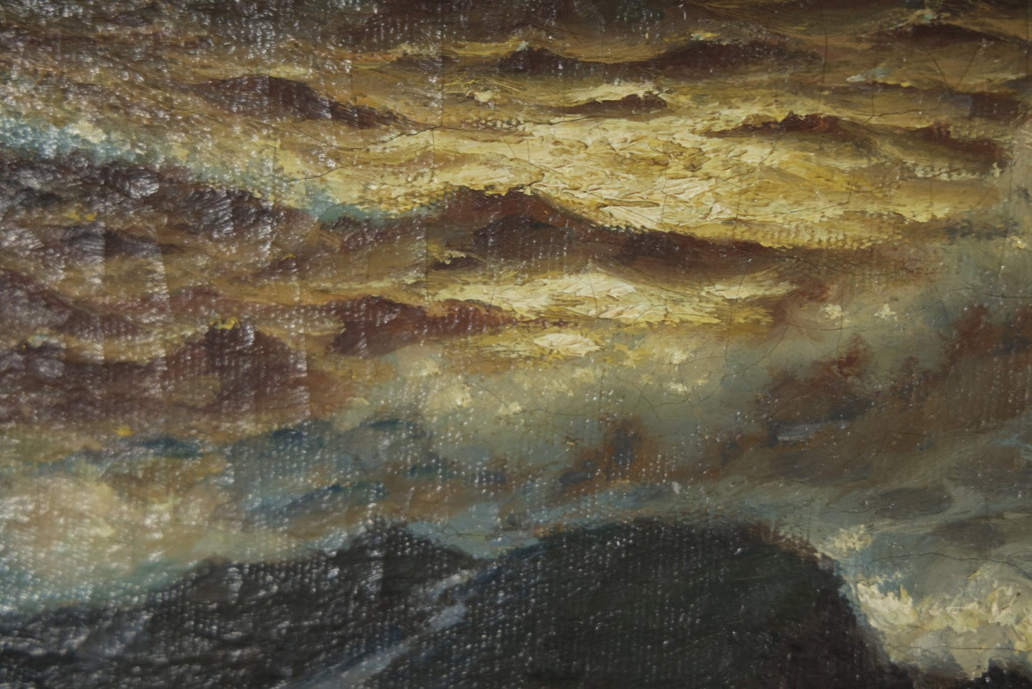 Antique Oil On Canvas Maritime Nautical Painting Of A Night Time Seascape, With Waves Crashing On Rocky Shore, Artist Signed, Richard Dey De Ribcowsky (Bulgarian-American, 1880-1936). 48" x 18"