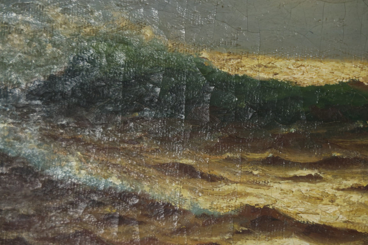 Antique Oil On Canvas Maritime Nautical Painting Of A Night Time Seascape, With Waves Crashing On Rocky Shore, Artist Signed, Richard Dey De Ribcowsky (Bulgarian-American, 1880-1936). 48" x 18"