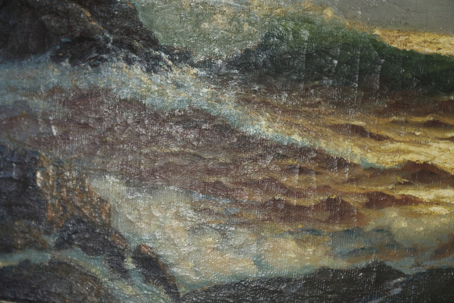 Antique Oil On Canvas Maritime Nautical Painting Of A Night Time Seascape, With Waves Crashing On Rocky Shore, Artist Signed, Richard Dey De Ribcowsky (Bulgarian-American, 1880-1936). 48" x 18"