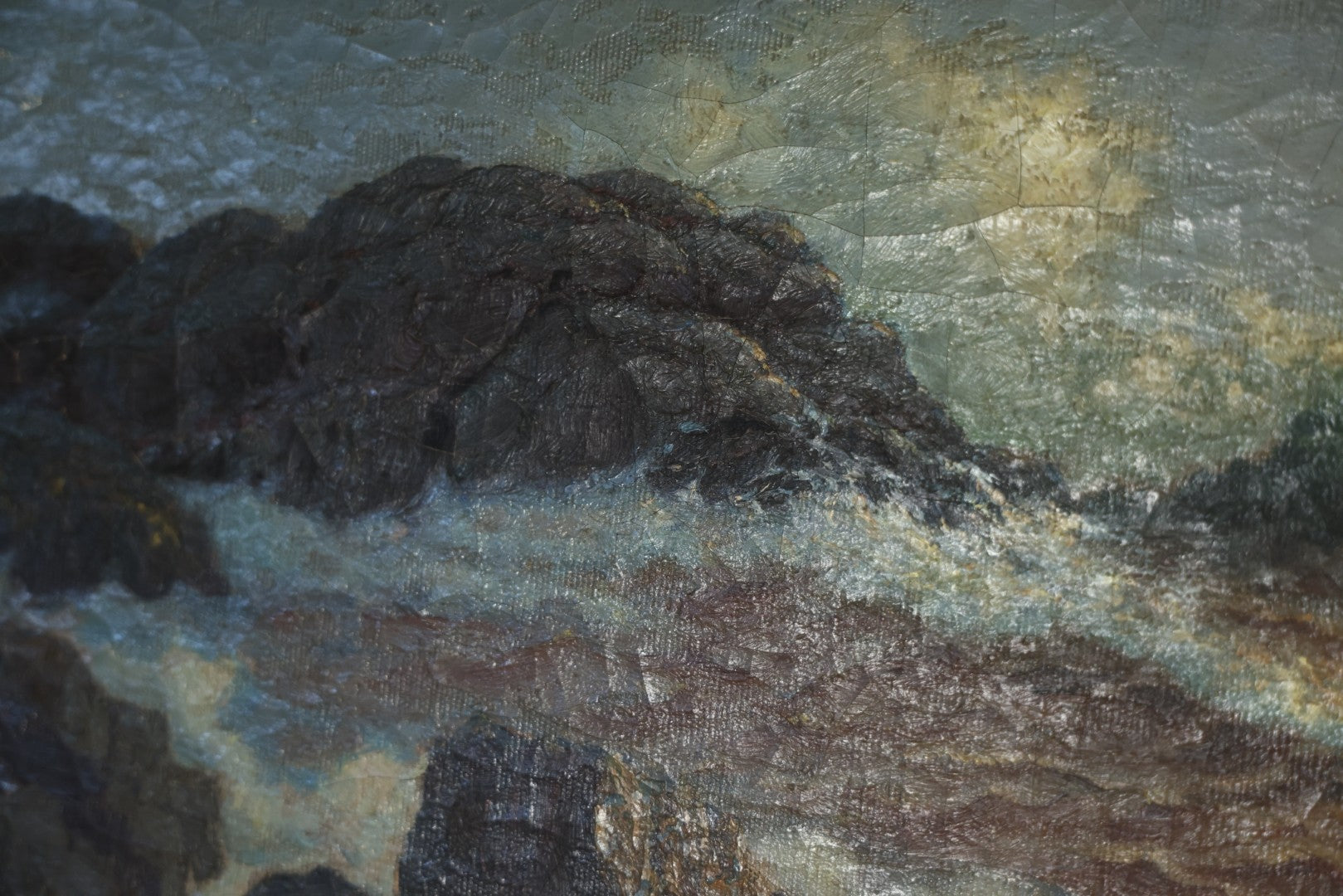Antique Oil On Canvas Maritime Nautical Painting Of A Night Time Seascape, With Waves Crashing On Rocky Shore, Artist Signed, Richard Dey De Ribcowsky (Bulgarian-American, 1880-1936). 48" x 18"