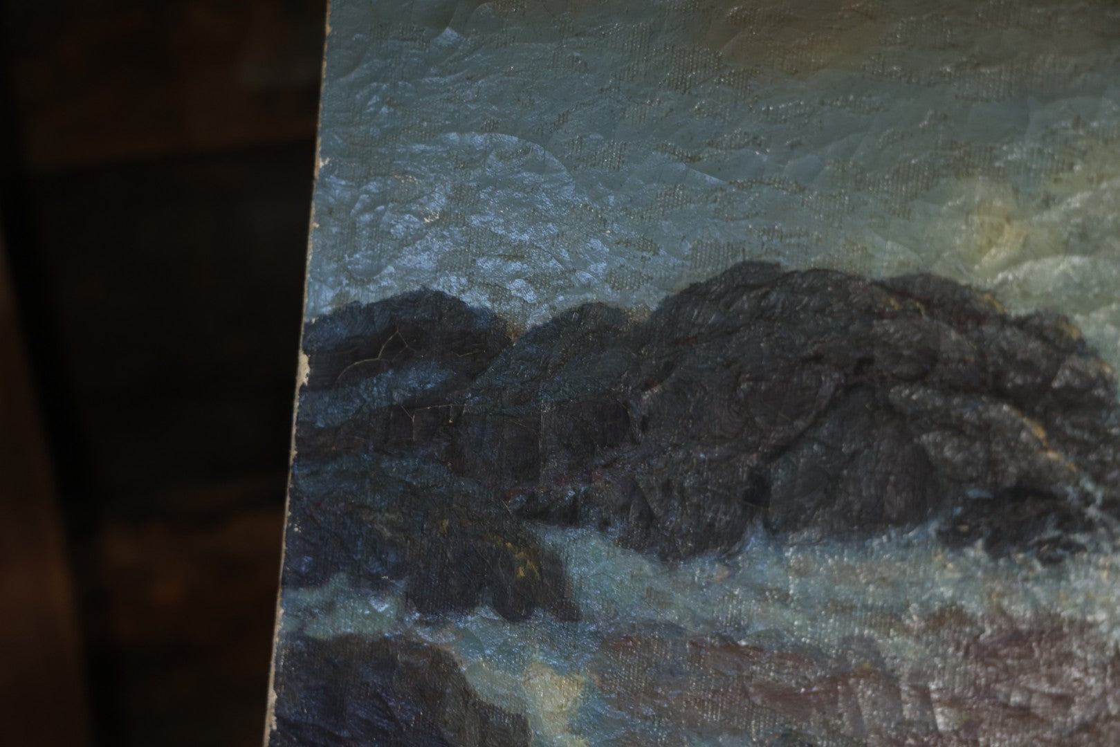 Antique Oil On Canvas Maritime Nautical Painting Of A Night Time Seascape, With Waves Crashing On Rocky Shore, Artist Signed, Richard Dey De Ribcowsky (Bulgarian-American, 1880-1936). 48" x 18"