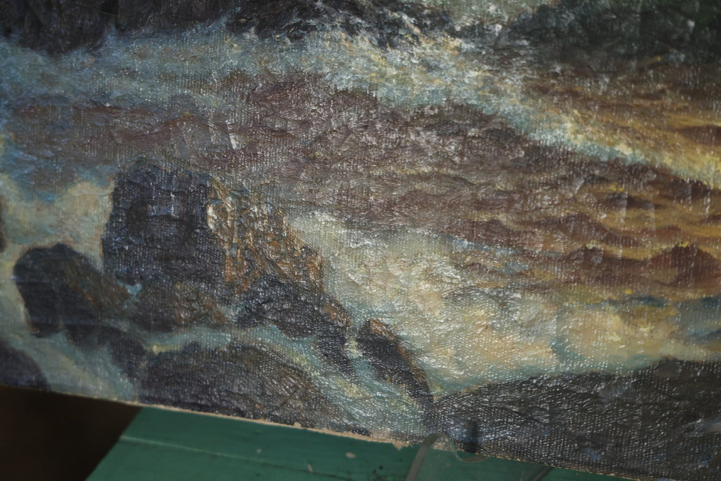 Antique Oil On Canvas Maritime Nautical Painting Of A Night Time Seascape, With Waves Crashing On Rocky Shore, Artist Signed, Richard Dey De Ribcowsky (Bulgarian-American, 1880-1936). 48" x 18"