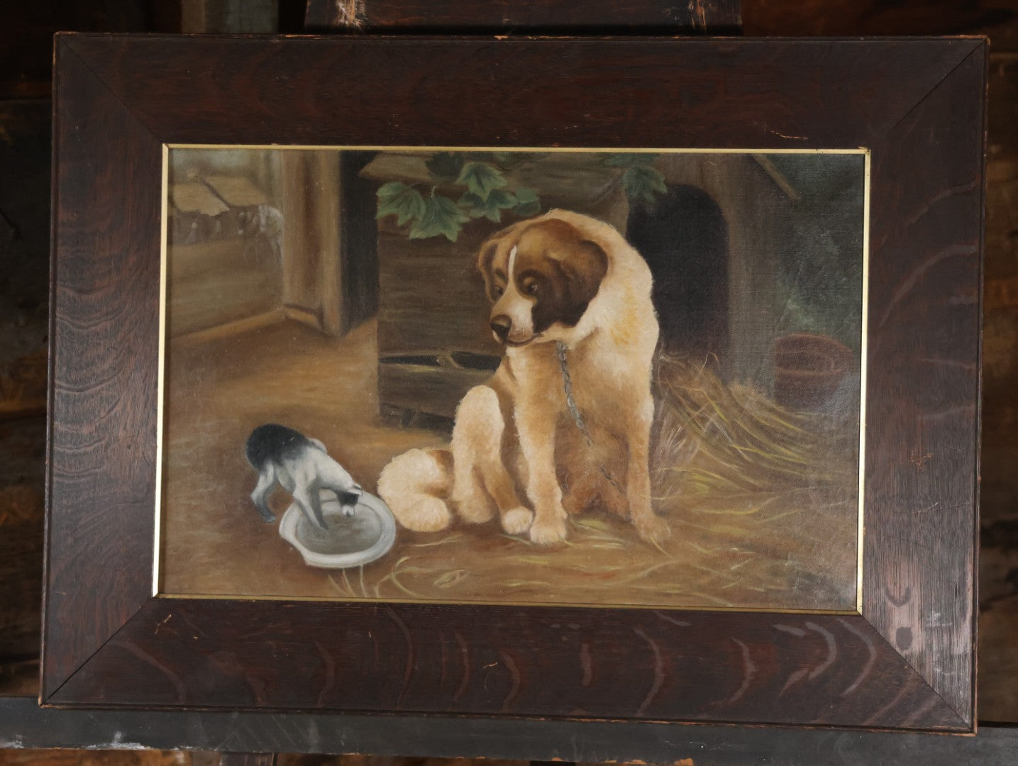 Antique Oil On Canvas Painting Of A Large Saint Bernard Dog Sharing A Saucer Of Water With A Small Gray Cat, On A Farm, Horses In Background, In Frame