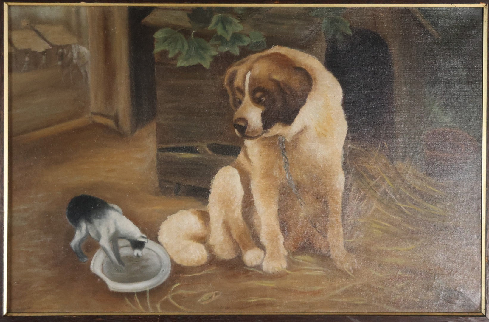 Antique Oil On Canvas Painting Of A Large Saint Bernard Dog Sharing A Saucer Of Water With A Small Gray Cat, On A Farm, Horses In Background, In Frame