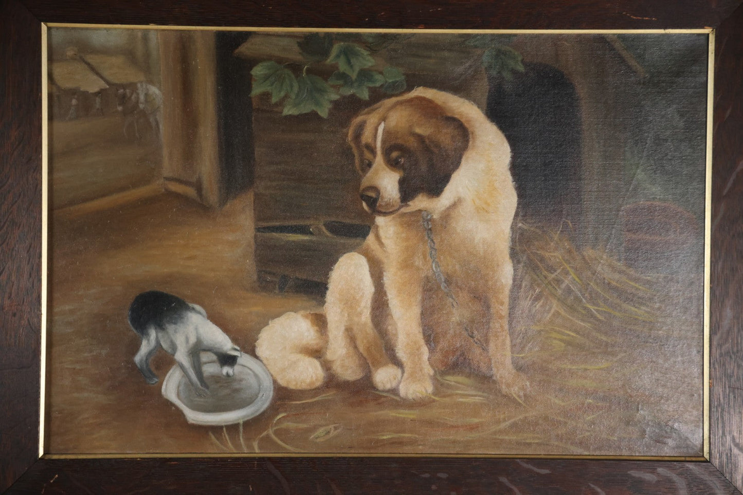 Antique Oil On Canvas Painting Of A Large Saint Bernard Dog Sharing A Saucer Of Water With A Small Gray Cat, On A Farm, Horses In Background, In Frame