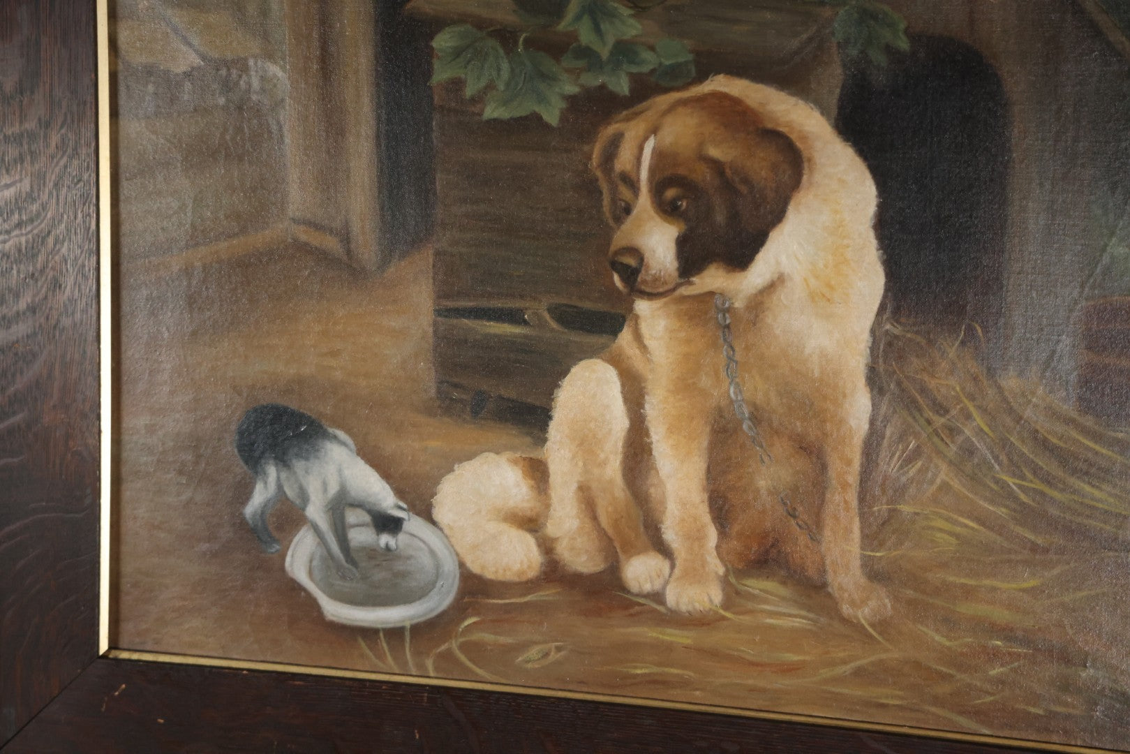 Antique Oil On Canvas Painting Of A Large Saint Bernard Dog Sharing A Saucer Of Water With A Small Gray Cat, On A Farm, Horses In Background, In Frame