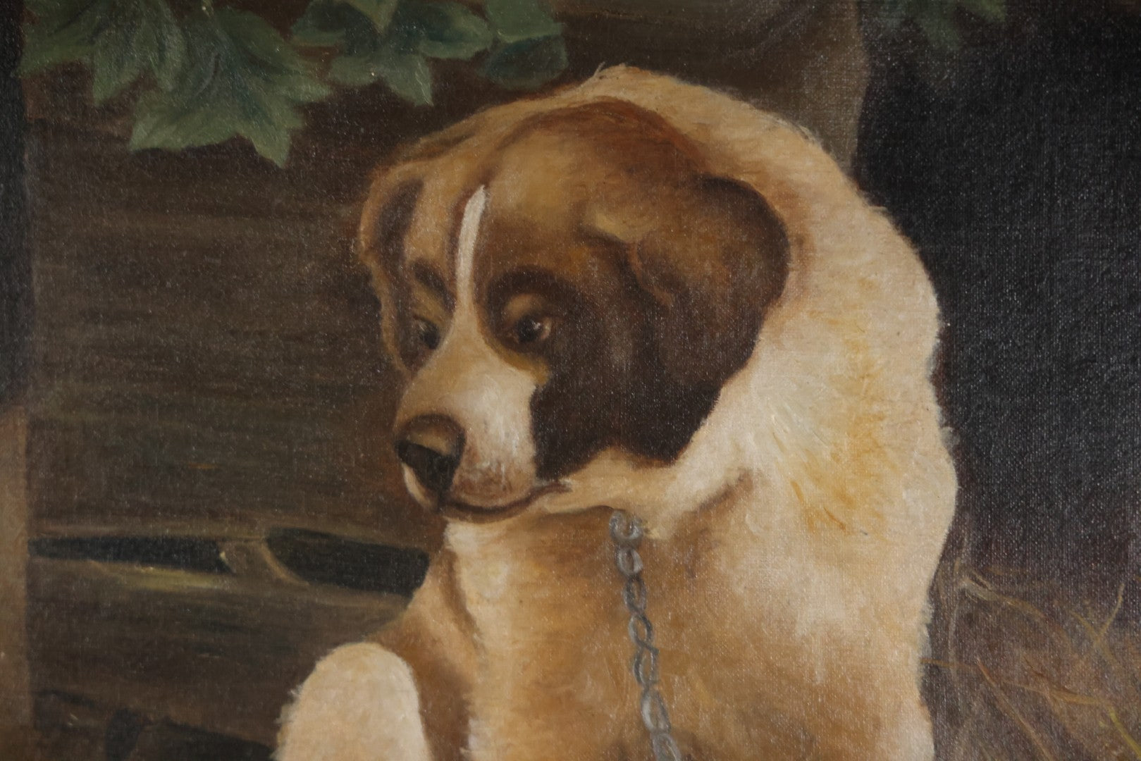 Antique Oil On Canvas Painting Of A Large Saint Bernard Dog Sharing A Saucer Of Water With A Small Gray Cat, On A Farm, Horses In Background, In Frame