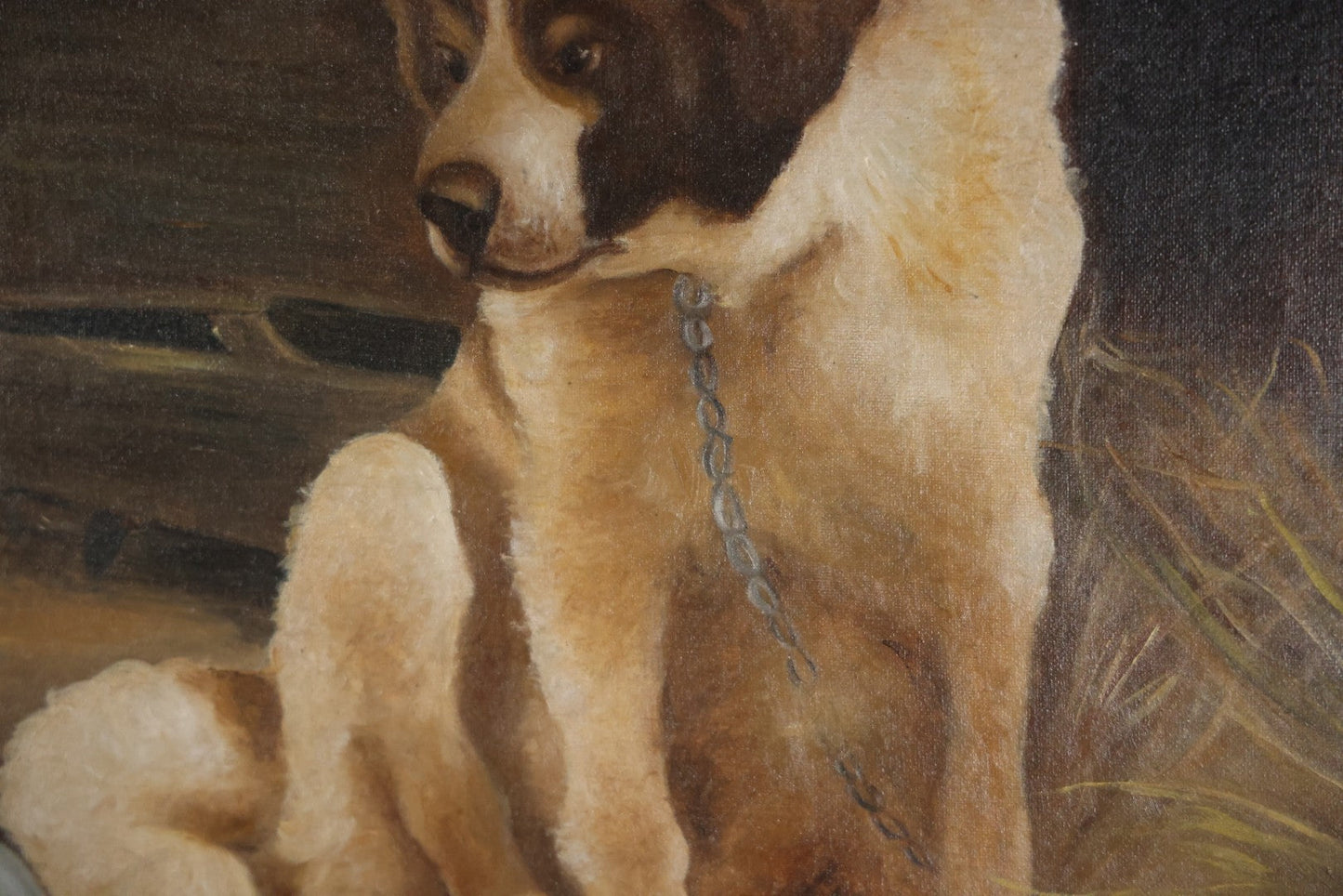 Antique Oil On Canvas Painting Of A Large Saint Bernard Dog Sharing A Saucer Of Water With A Small Gray Cat, On A Farm, Horses In Background, In Frame